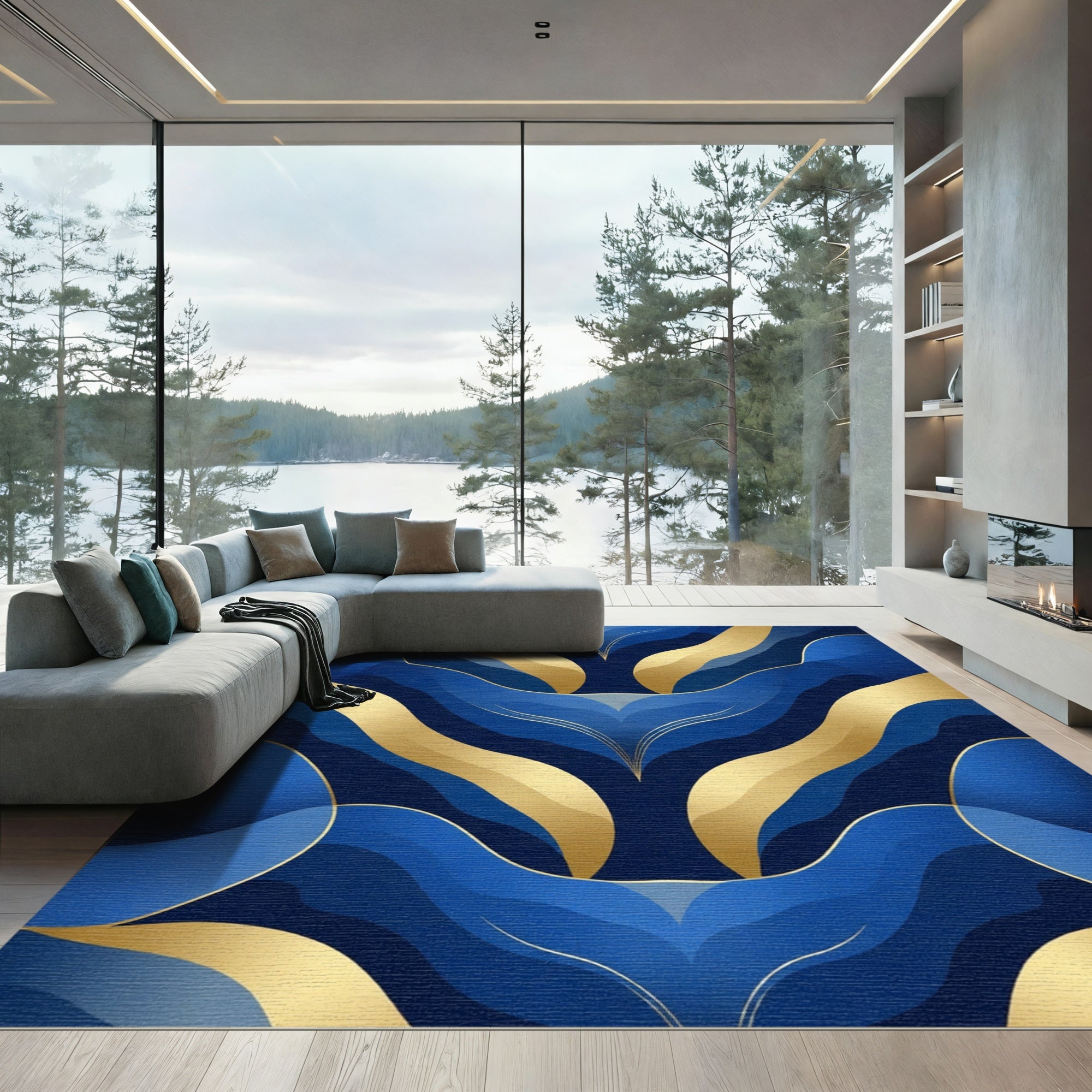 Deep Blue Gold Organic Swirl Rug