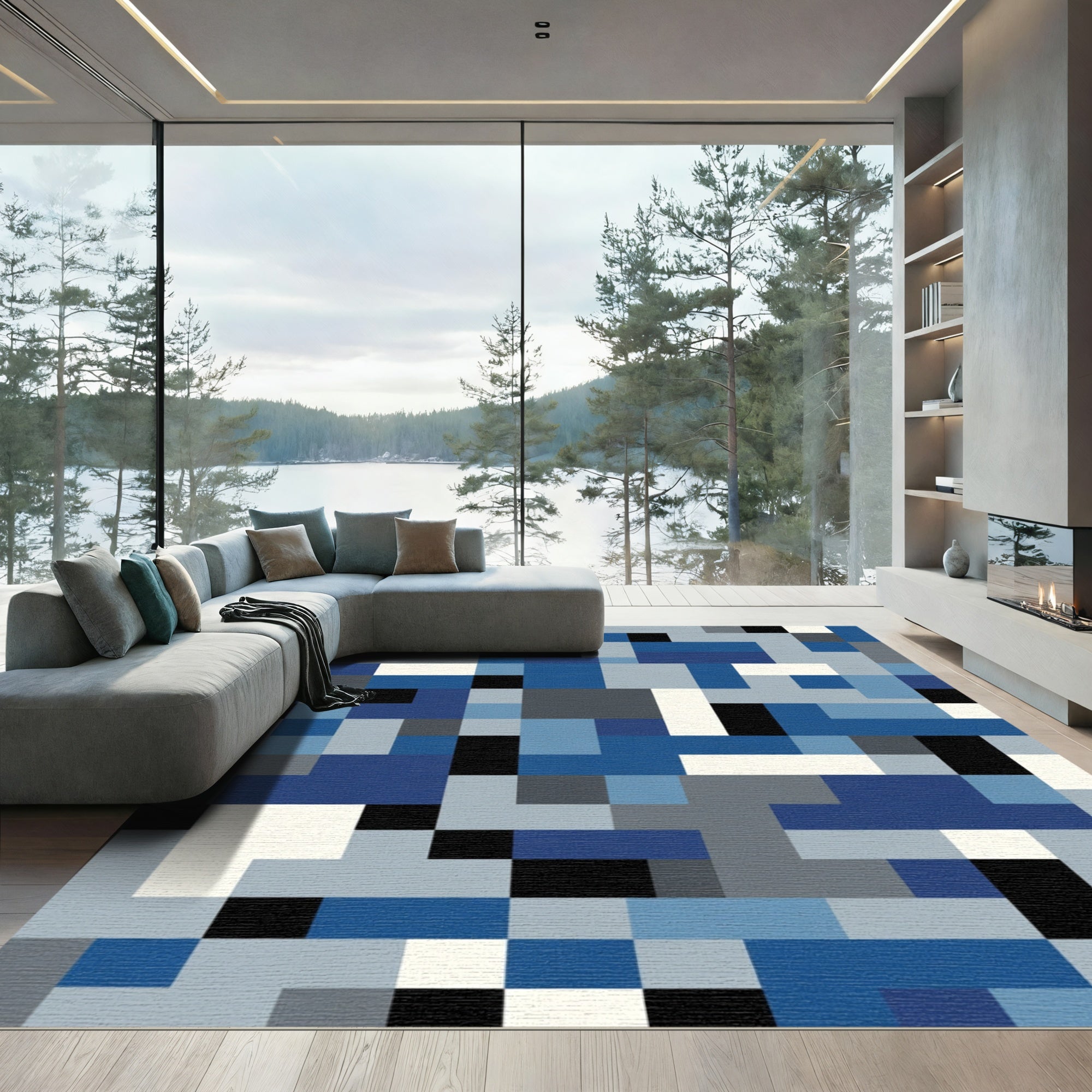 Cool Blue Abstract Geometric Blocks Rug