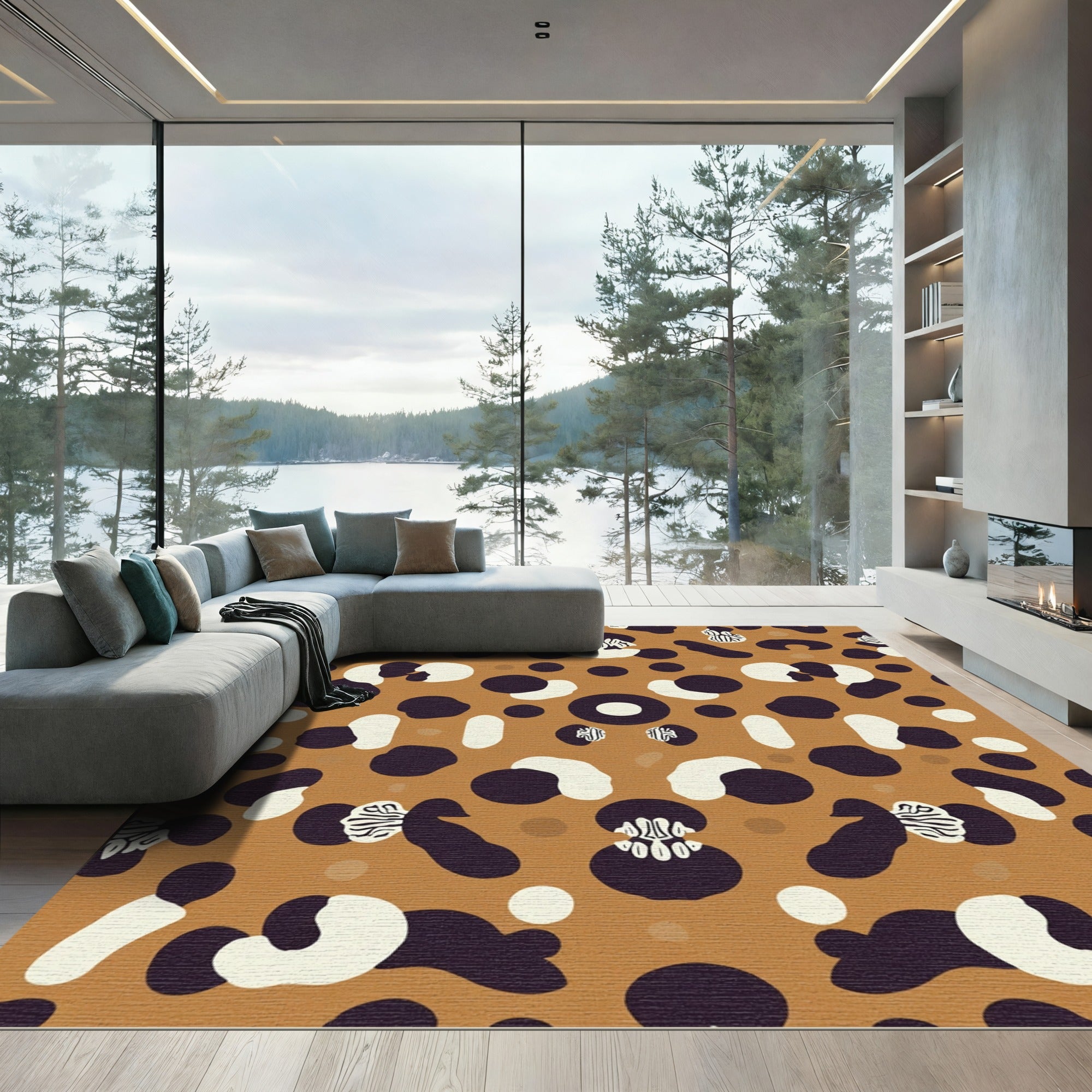 Brown White Abstract Organic Shapes Rug