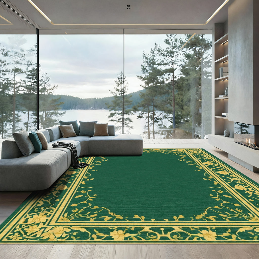 Emerald Gold Floral Arabesque Border Rug