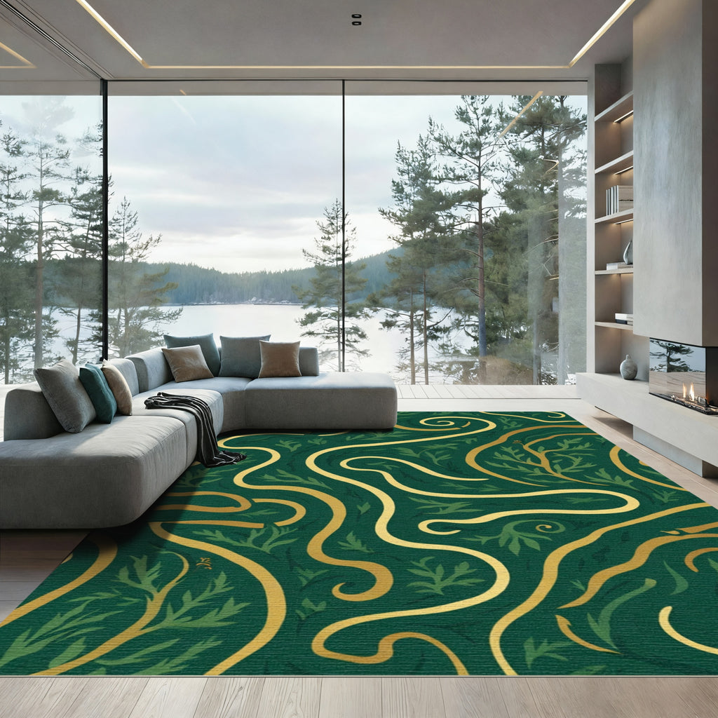 Deep Emerald Golden Swirl Foliage Rug