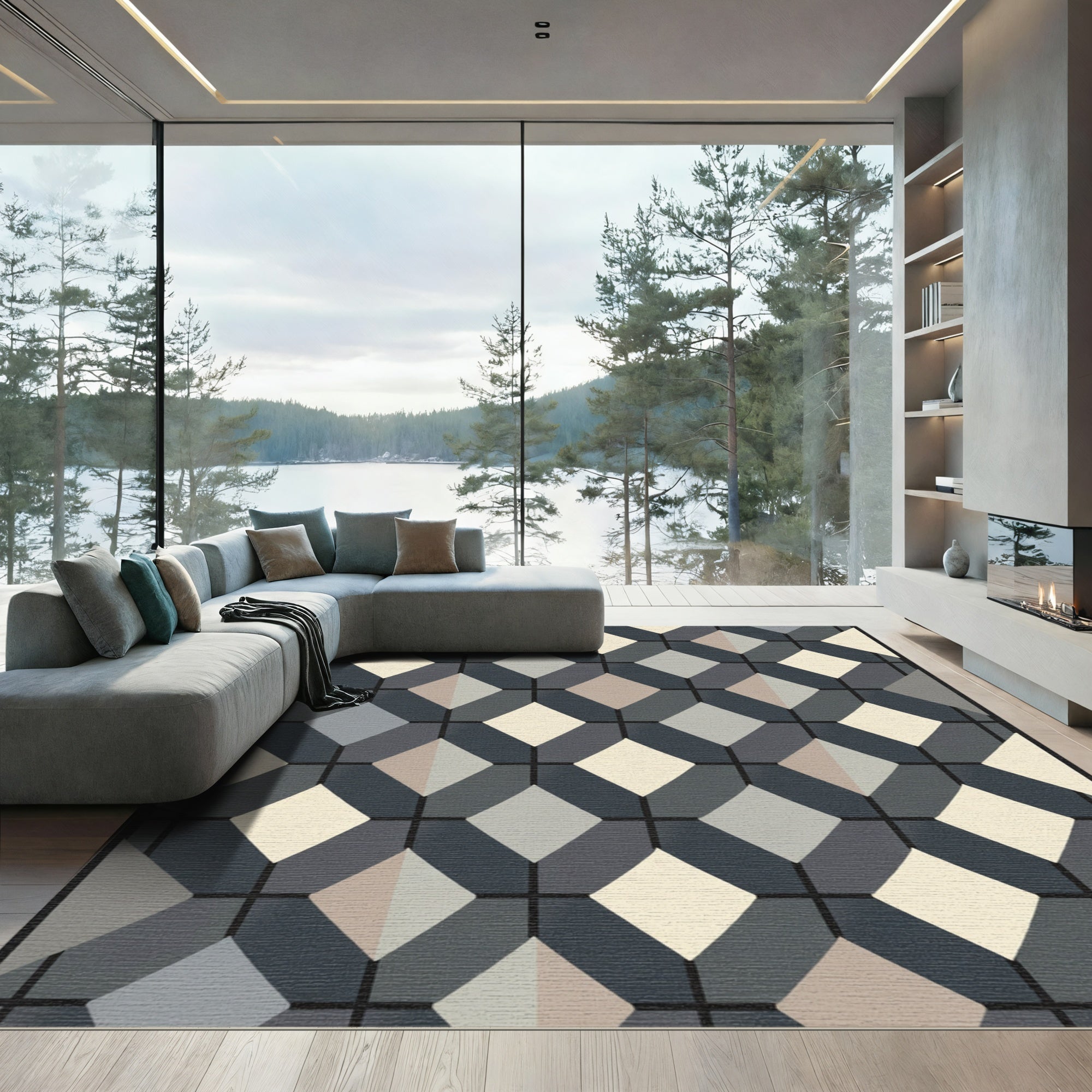 Gray Tan Diamond Geometric Grid Rug