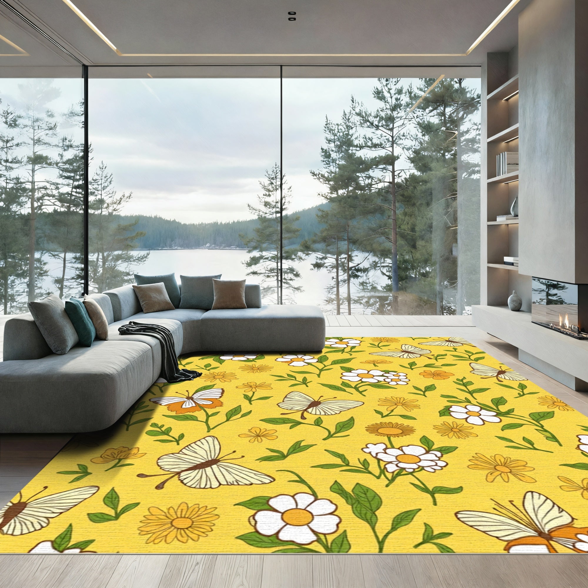Whimsical Yellow Butterfly Garden Rug