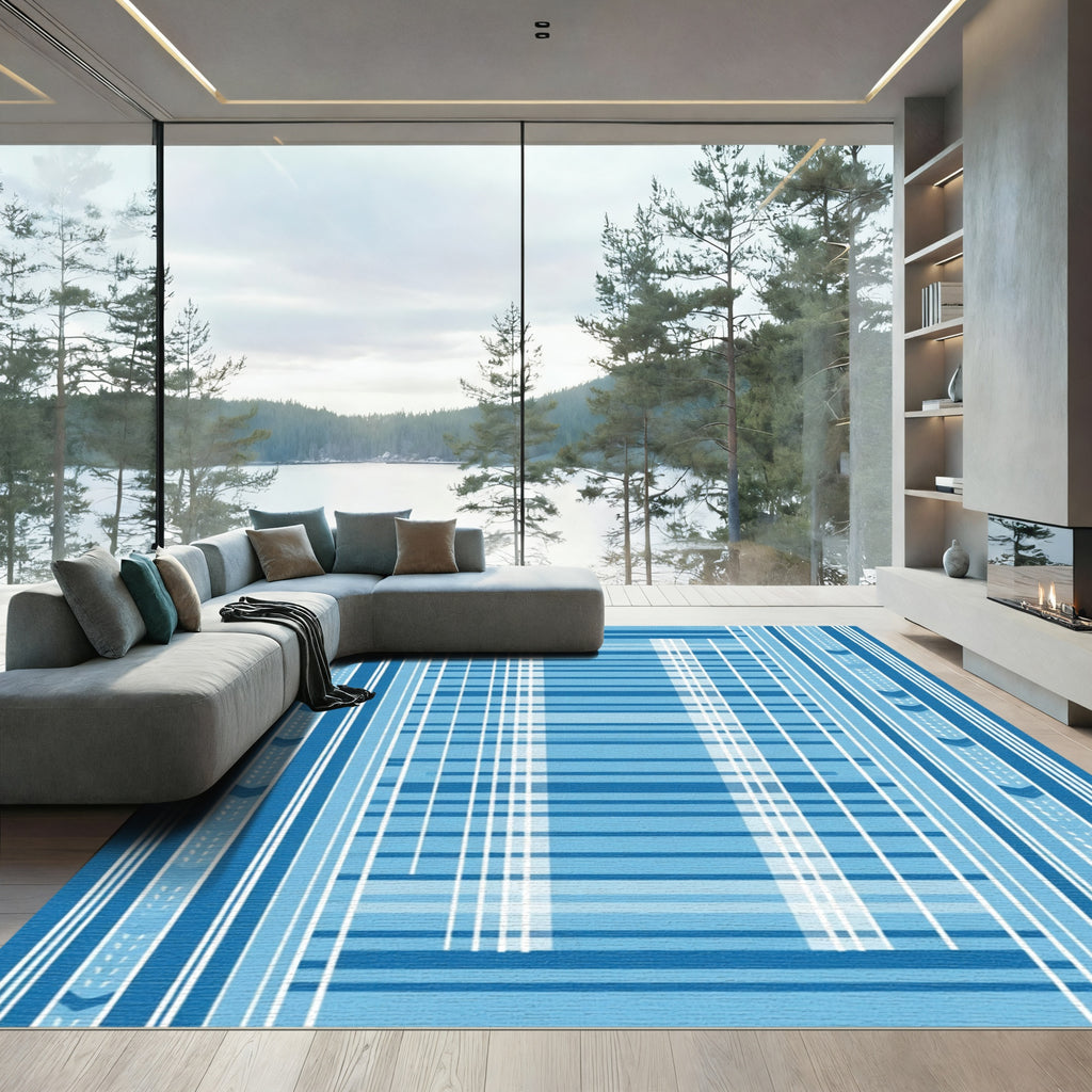 Blue Tonal Geometric Striped Rug