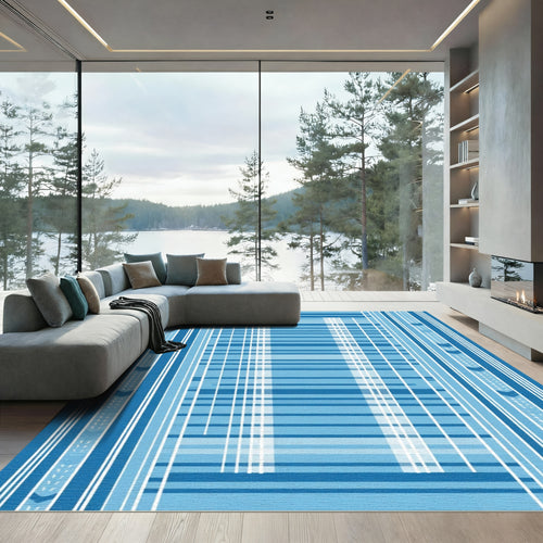Blue Tonal Geometric Striped Rug