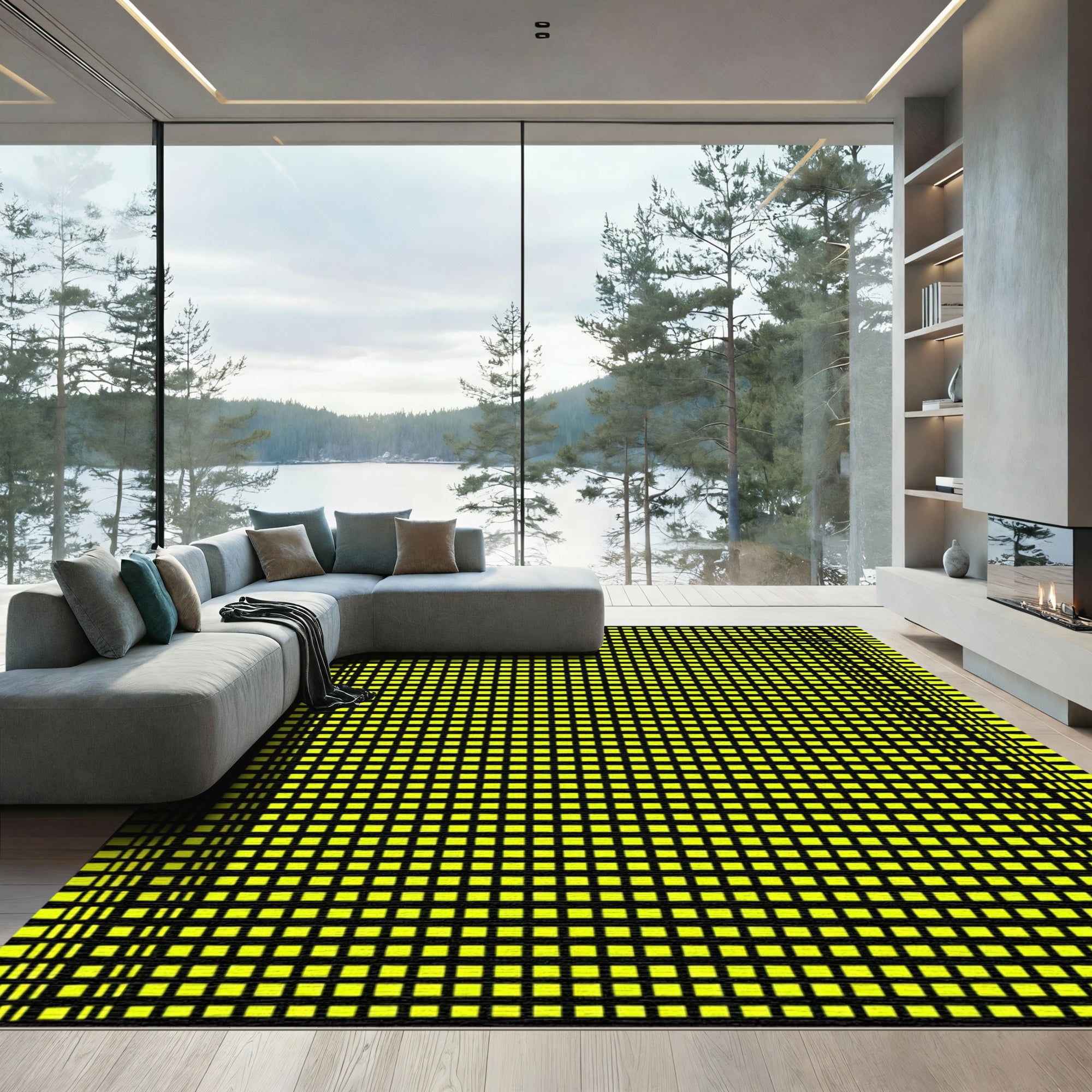 Neon Yellow Grid Check Rug