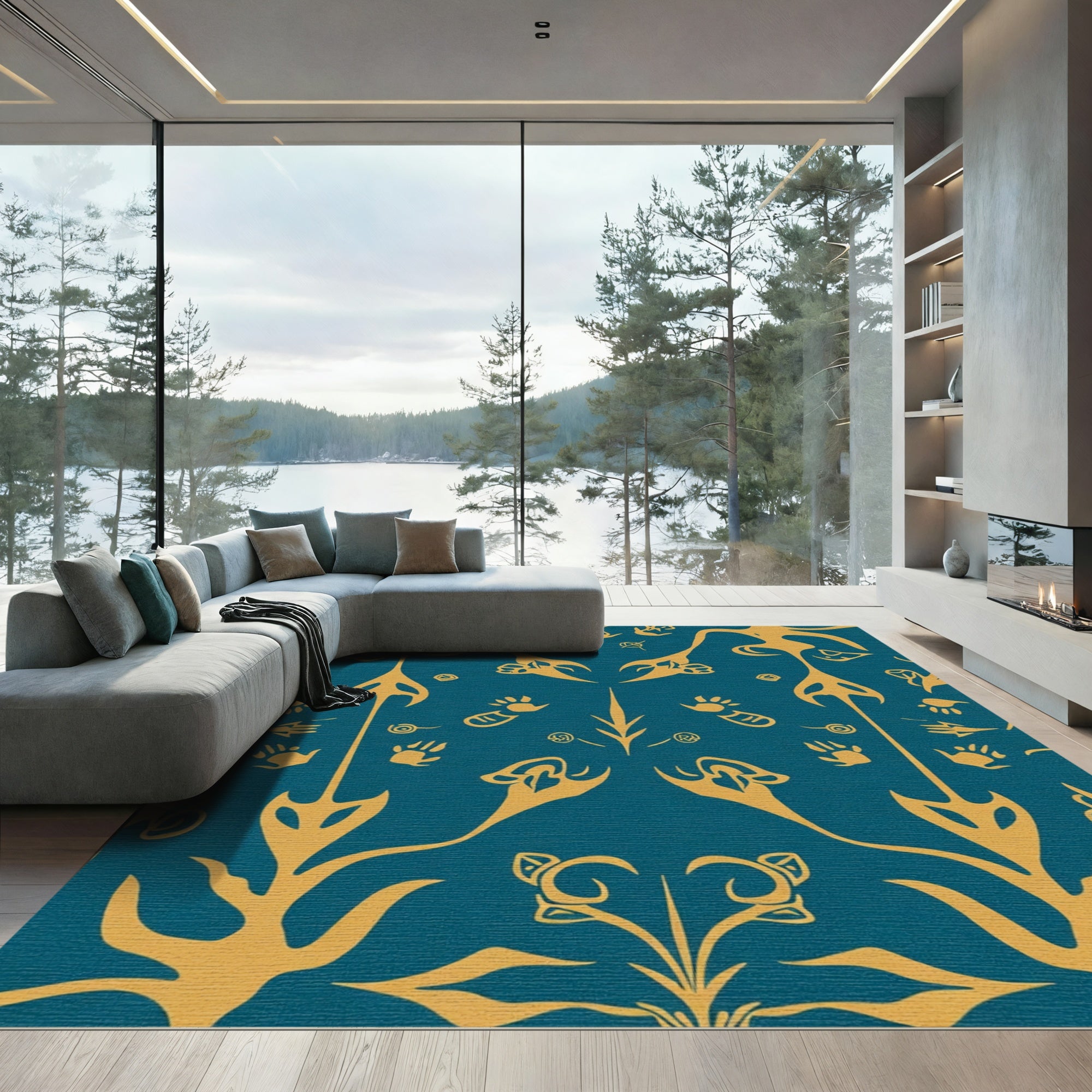 Golden Turquoise Abstract Organic Forms Rug