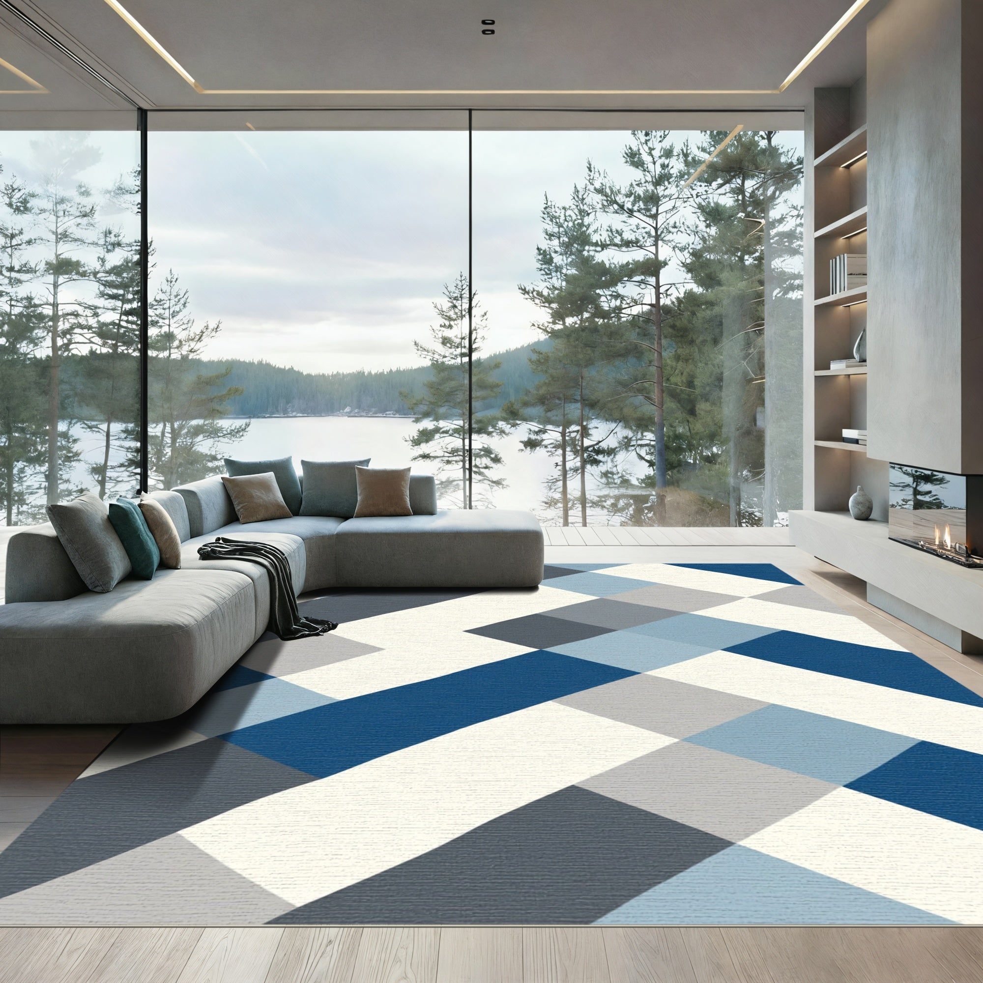 Abstract Blue Gray Checkerboard Rug