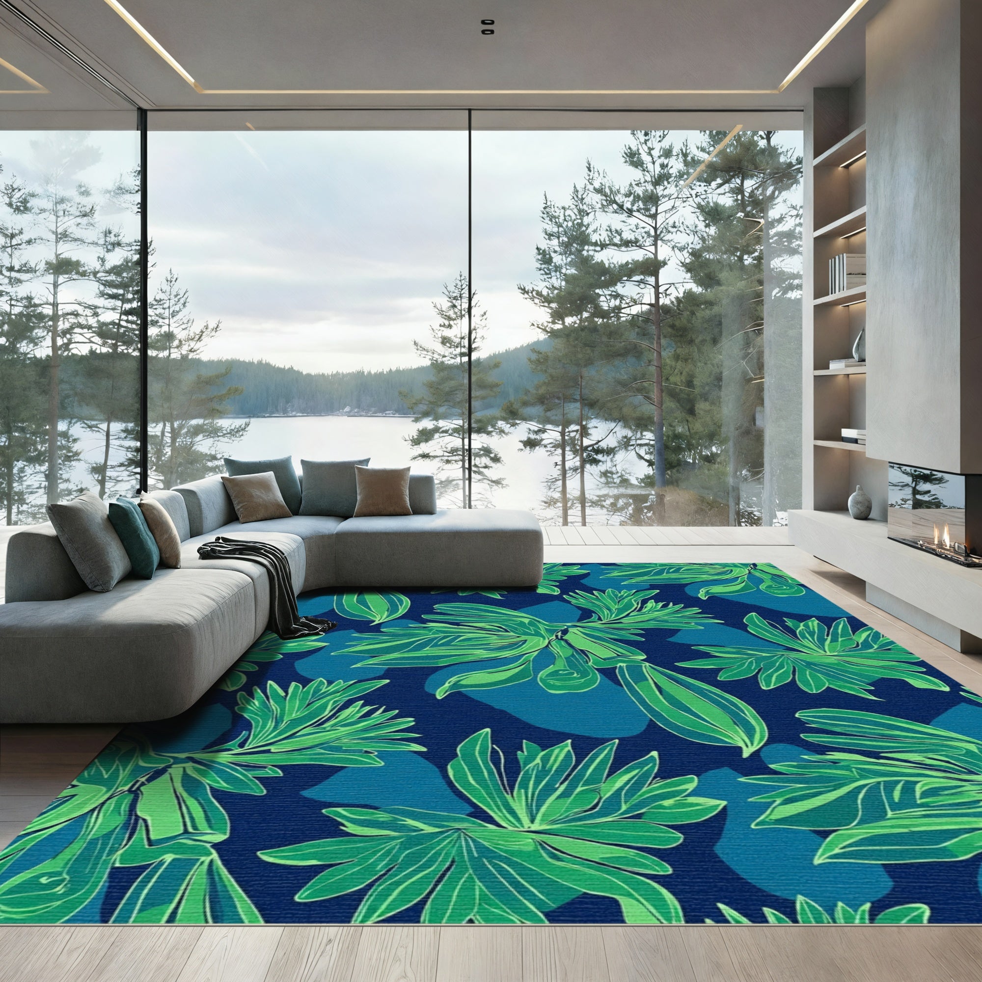Deep Green Abstract Tropical Leaves Rug