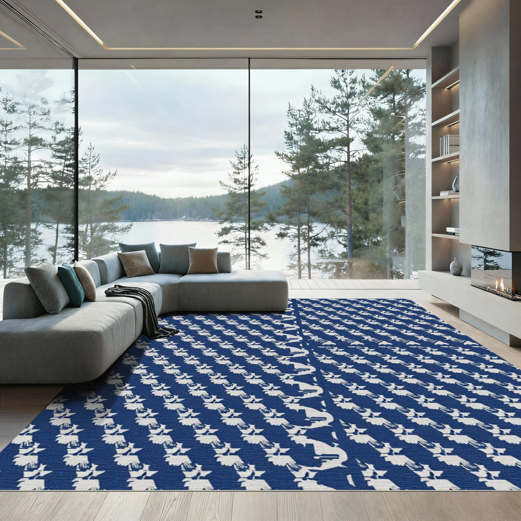 Navy White Folk Bird Repeating Rug