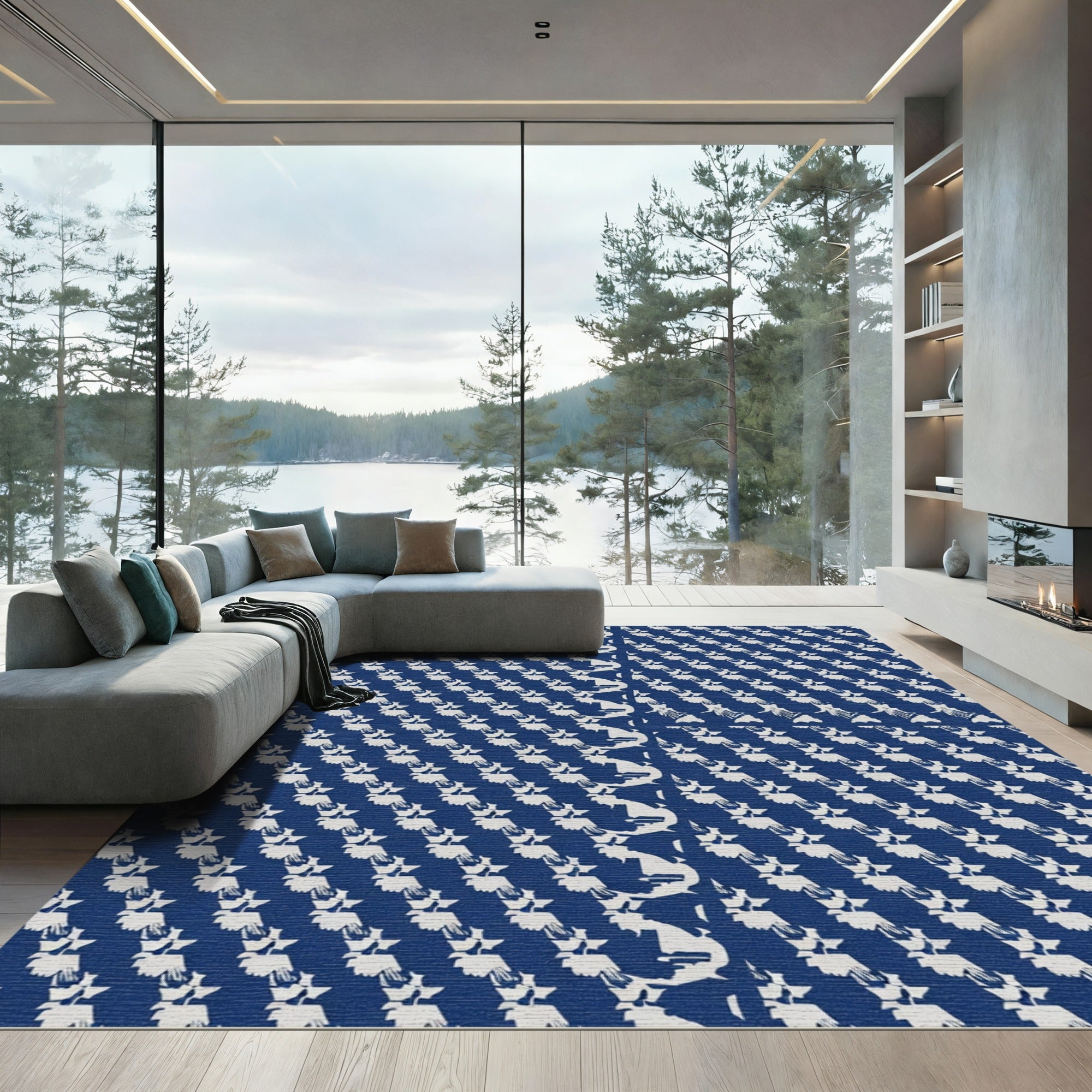 Navy White Folk Bird Repeating Rug