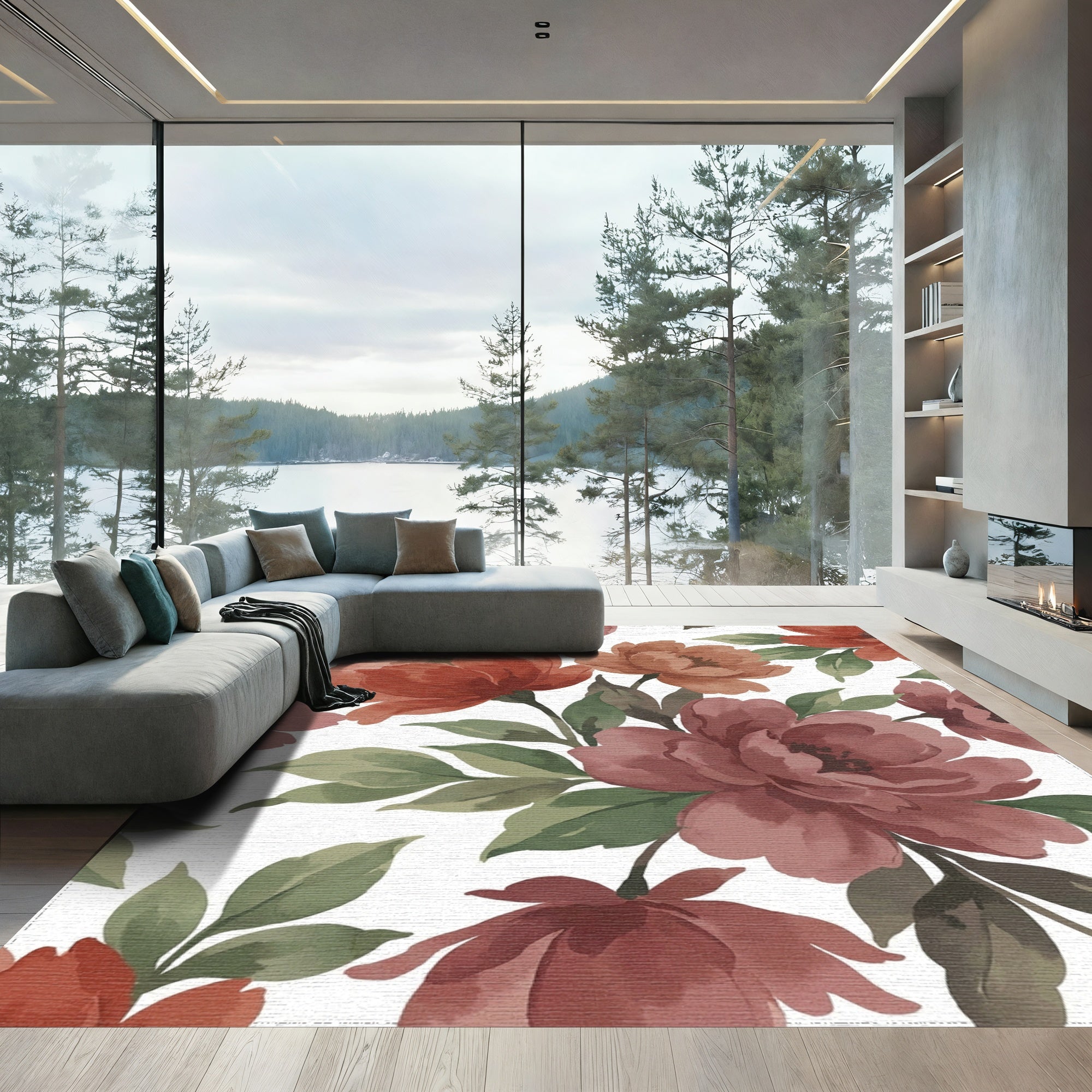 Burnt Sienna Floral Watercolor Arrangement Rug