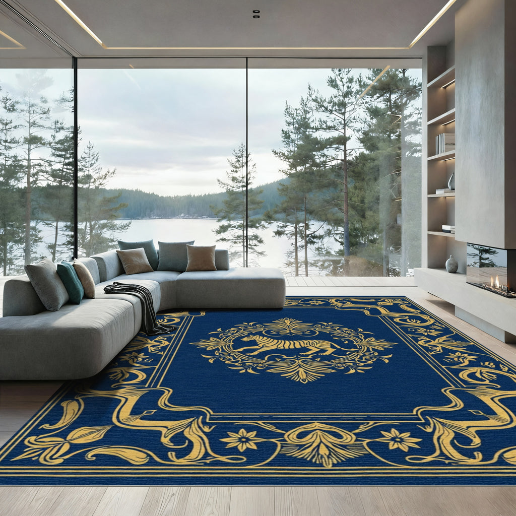 Vibrant Gold Tiger Medallion Blue Rug