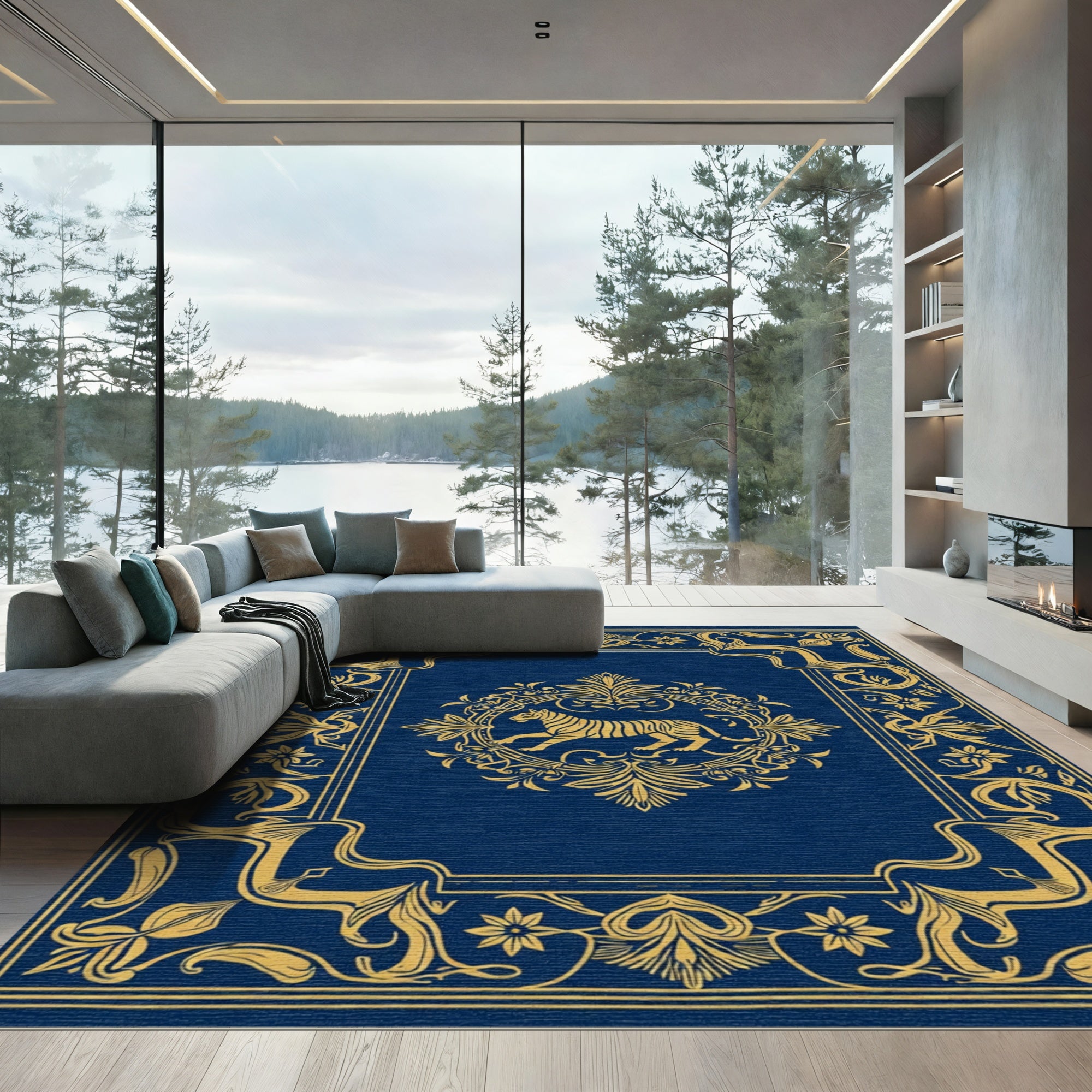 Vibrant Gold Tiger Medallion Blue Rug