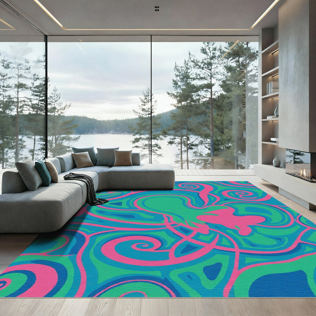 Vibrant Pink Blue Green Swirls Rug