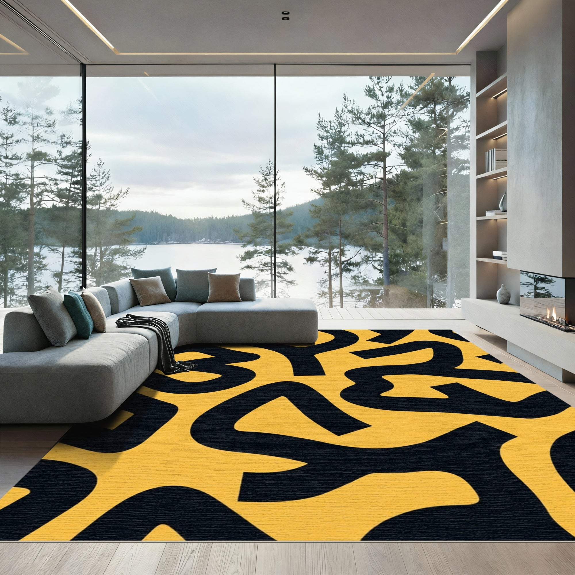 Bold Yellow Black Abstract Curves Rug