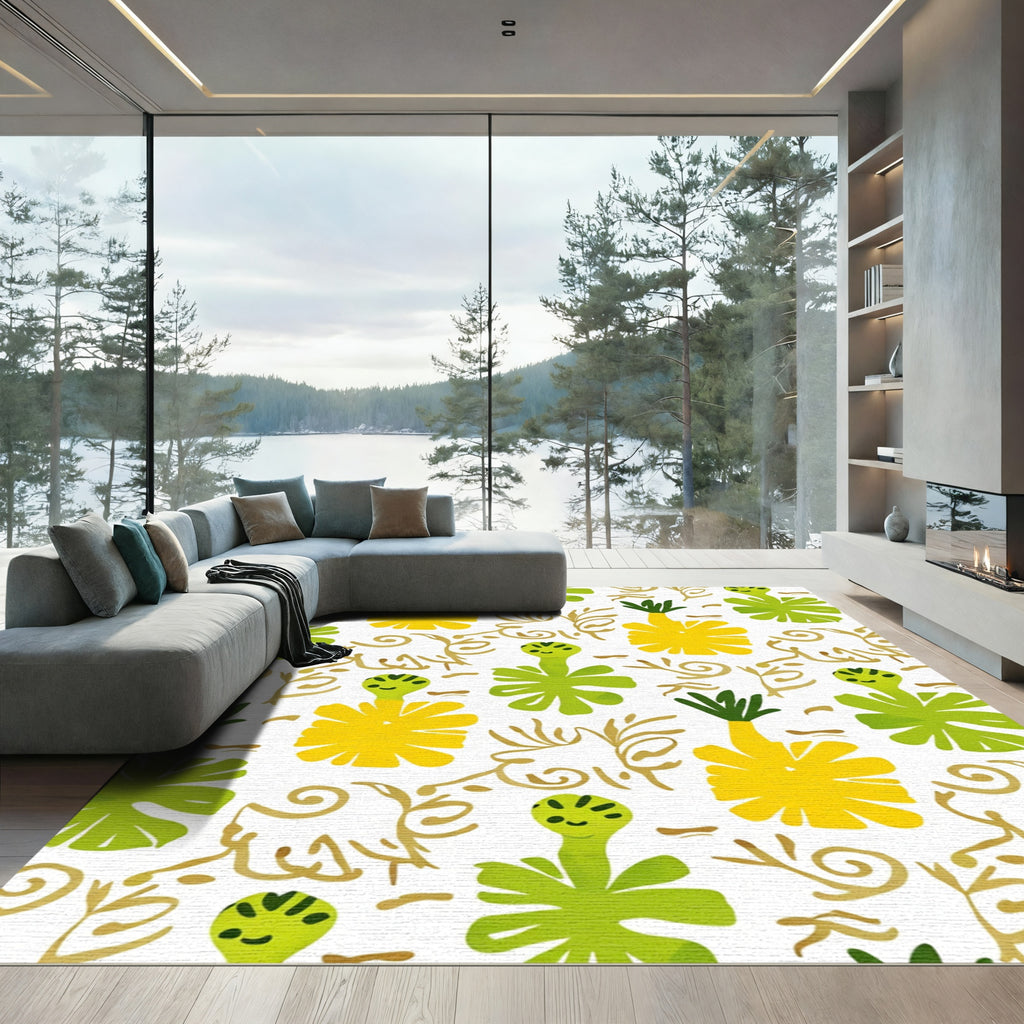 Whimsical Yellow Green Tropical Floral Rug