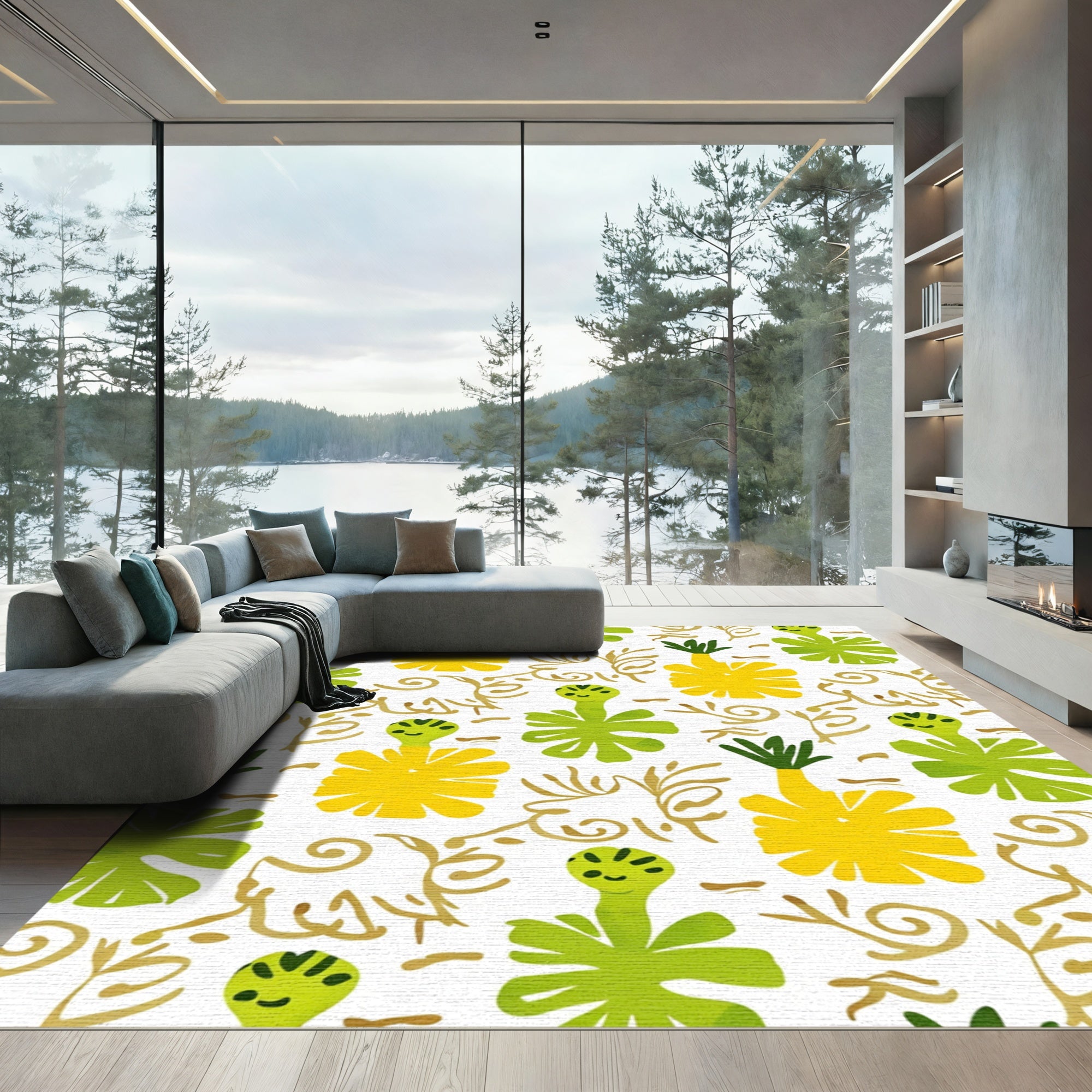 Whimsical Yellow Green Tropical Floral Rug