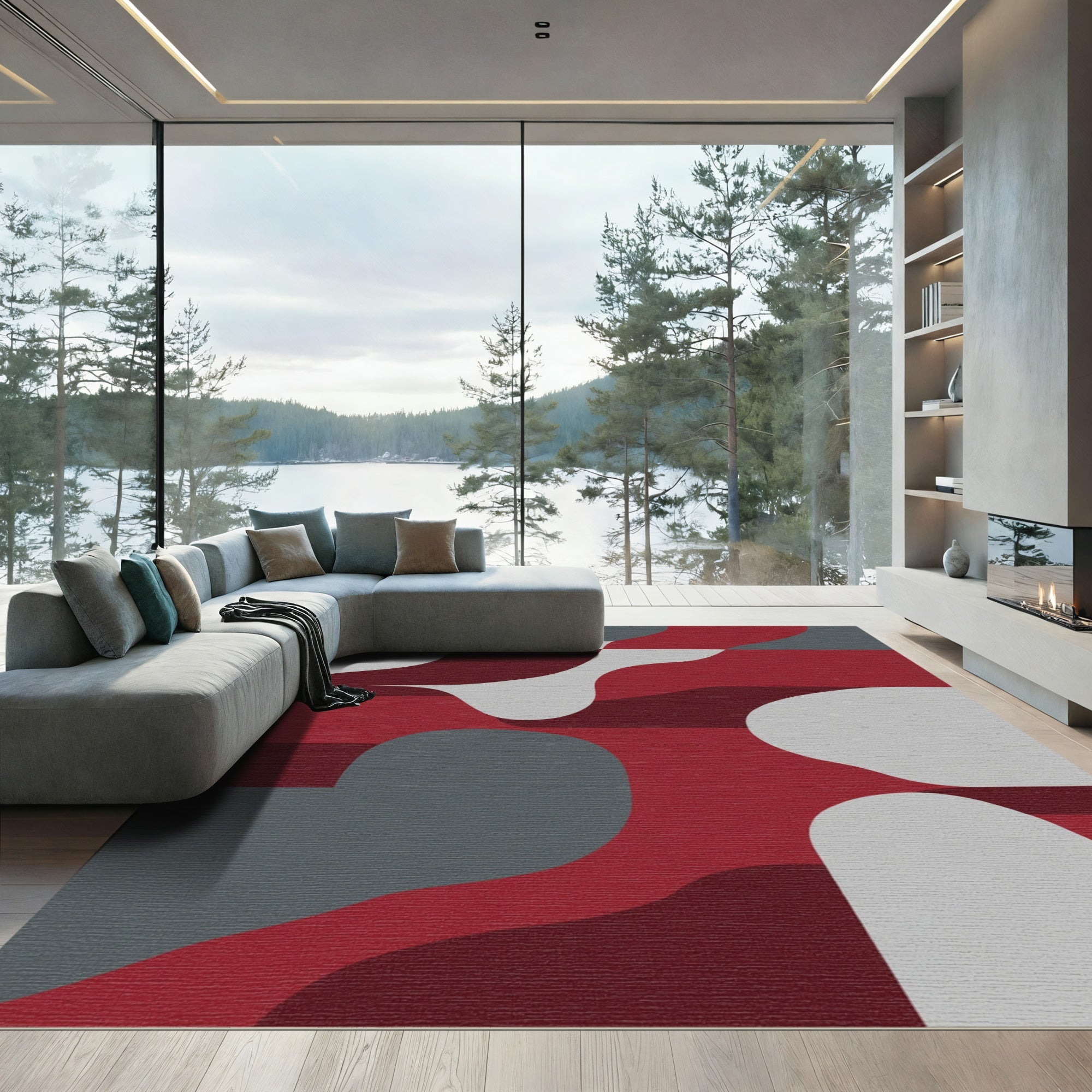 Crimson Gray Abstract Organic Wave Rug