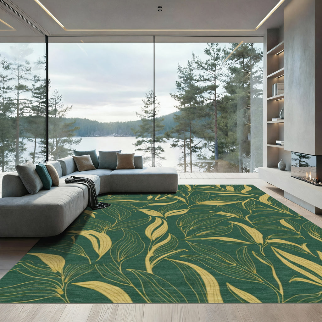 Deep Green Golden Leafy Vines Rug