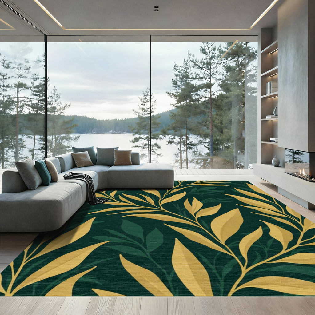 Golden Leaf Branches Emerald Background Rug