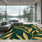 Golden Leaf Branches Emerald Background Rug
