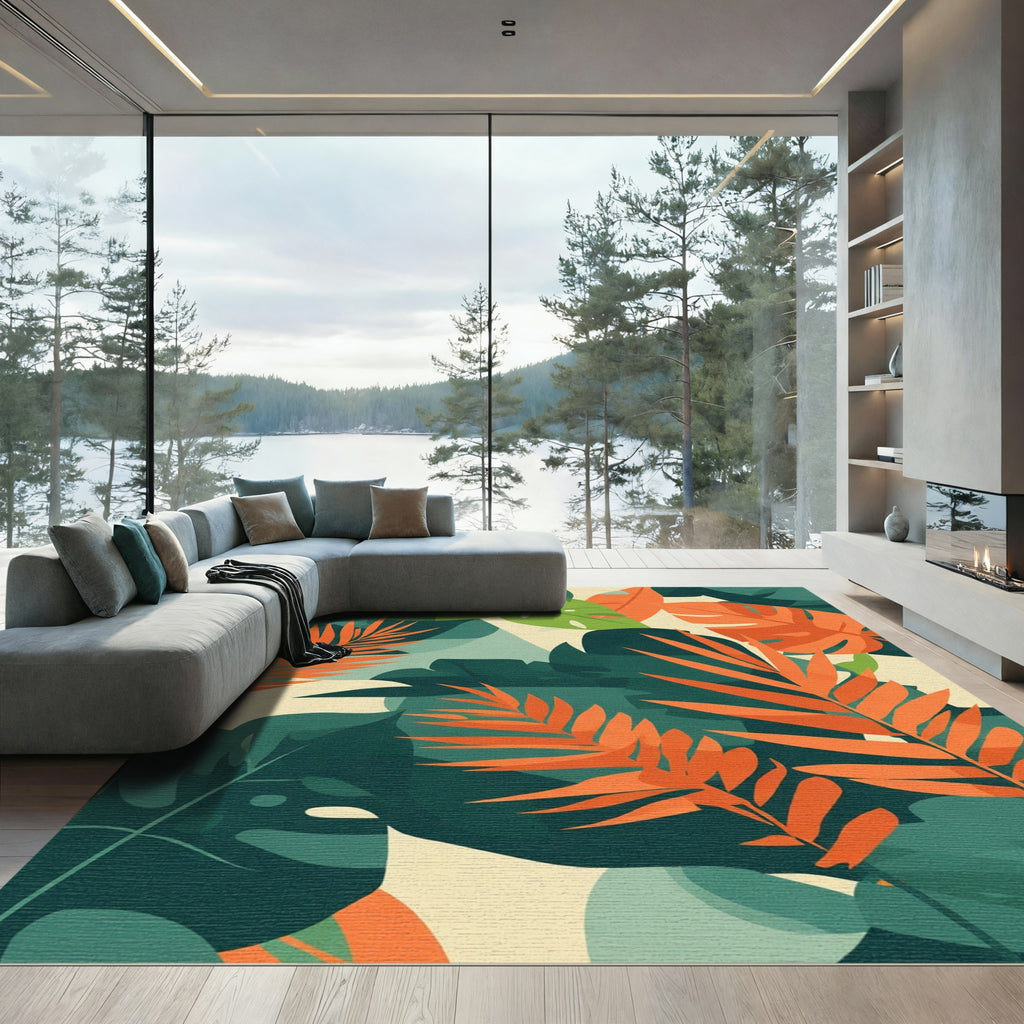 Vibrant Orange And Green Jungle Leaves Rug