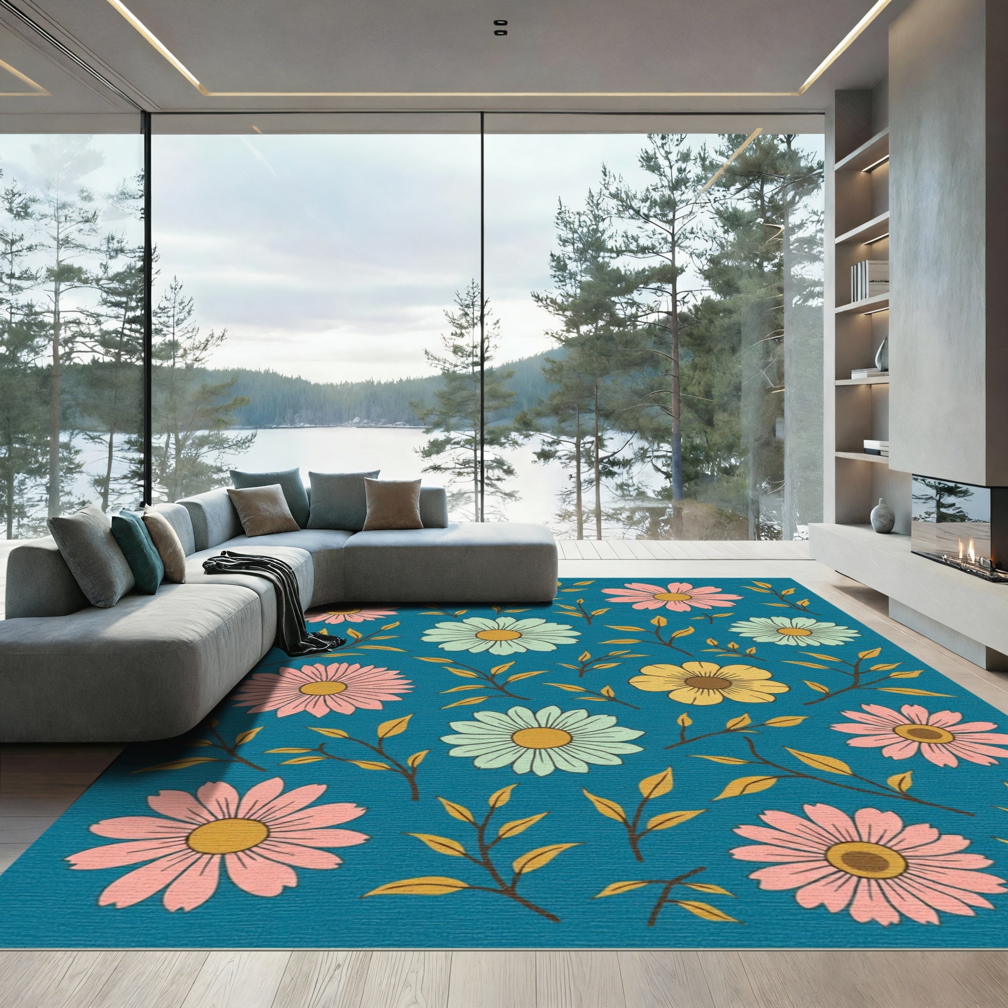 Retro Floral Sprigs Teal Rug