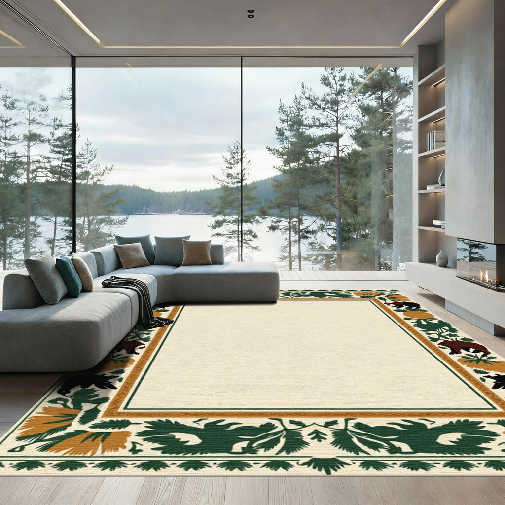 Forest Bears Orange Flowers Green Border Rug