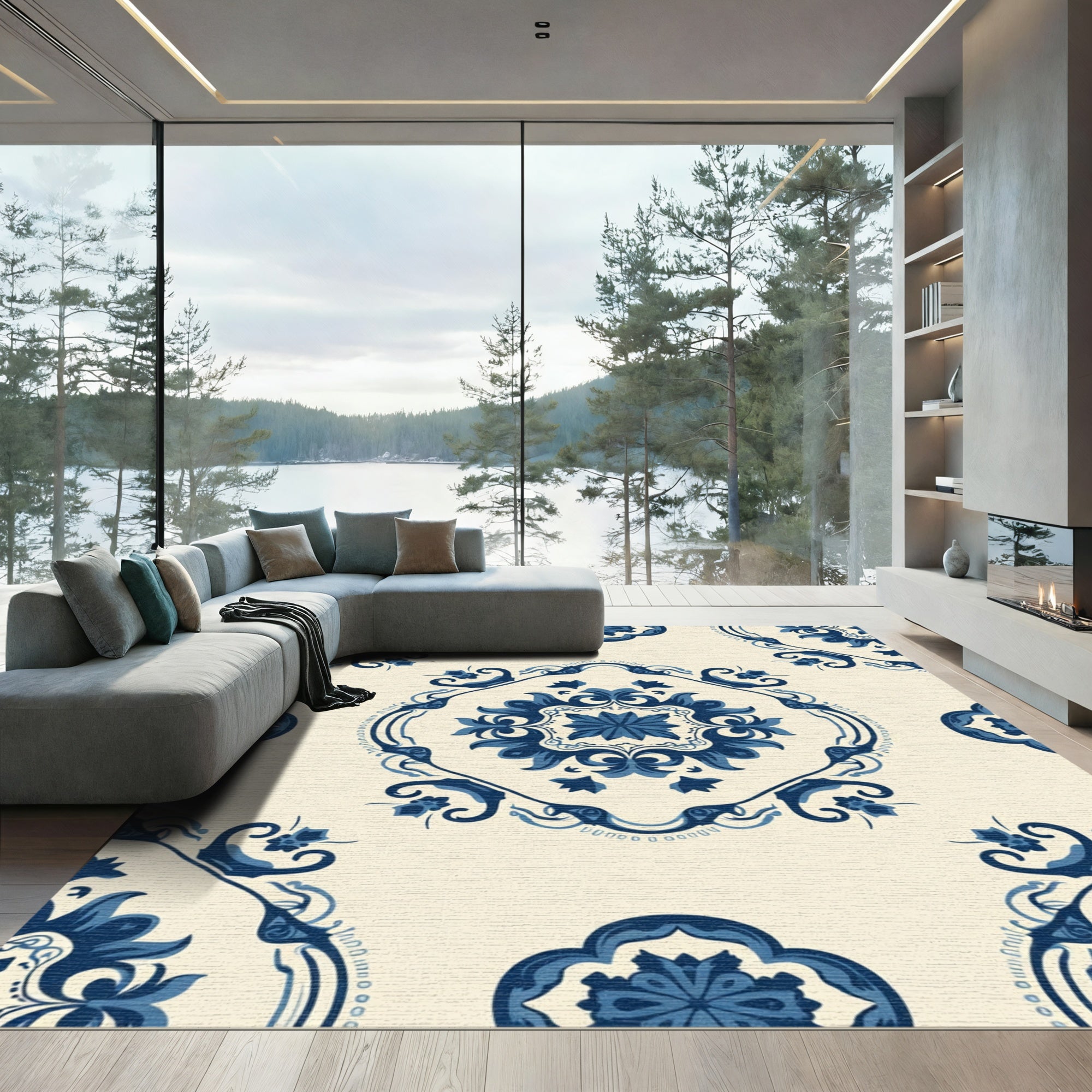 Bold Blue Floral Medallion Swirl Rug
