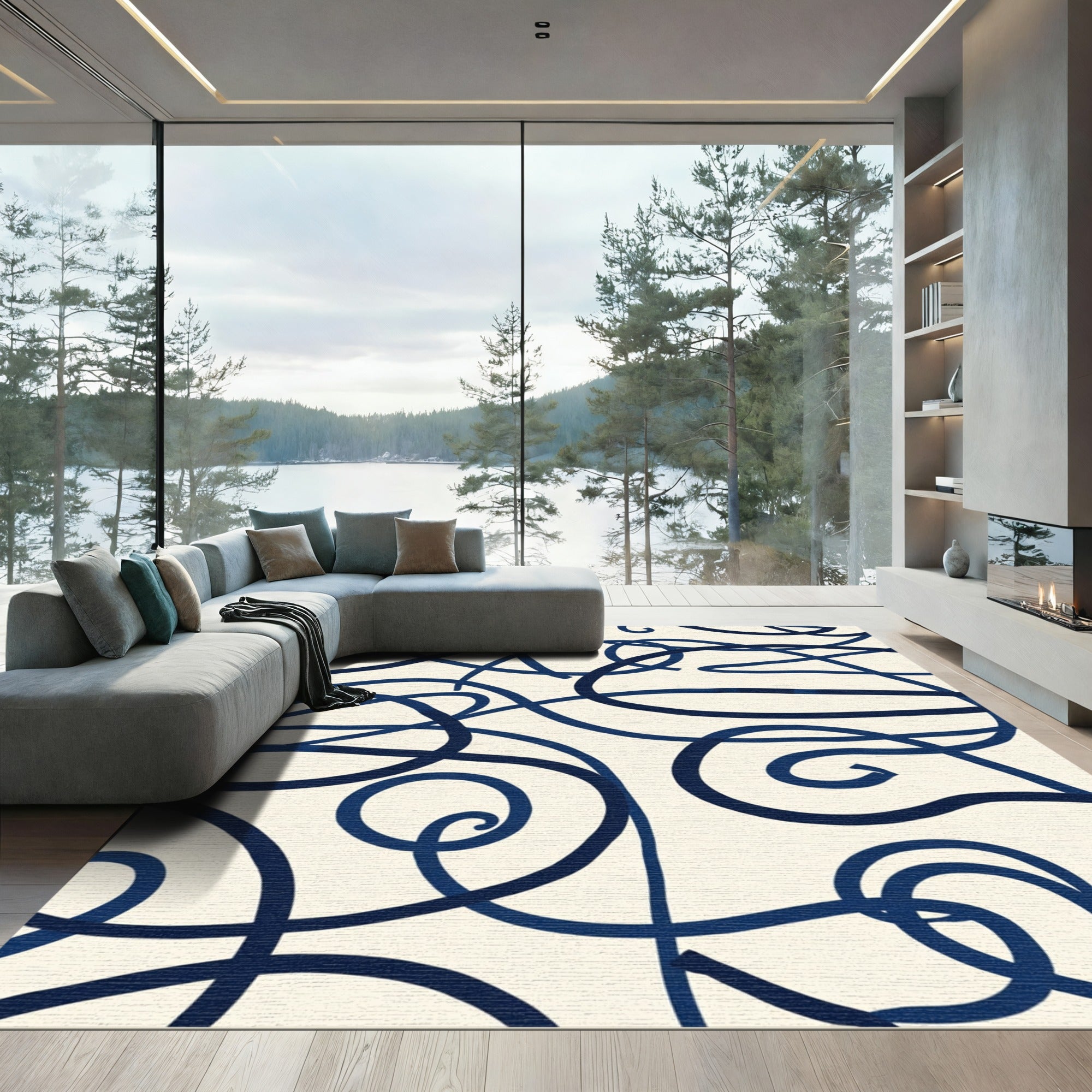 Navy Blue Swirl Abstract Loop Rug