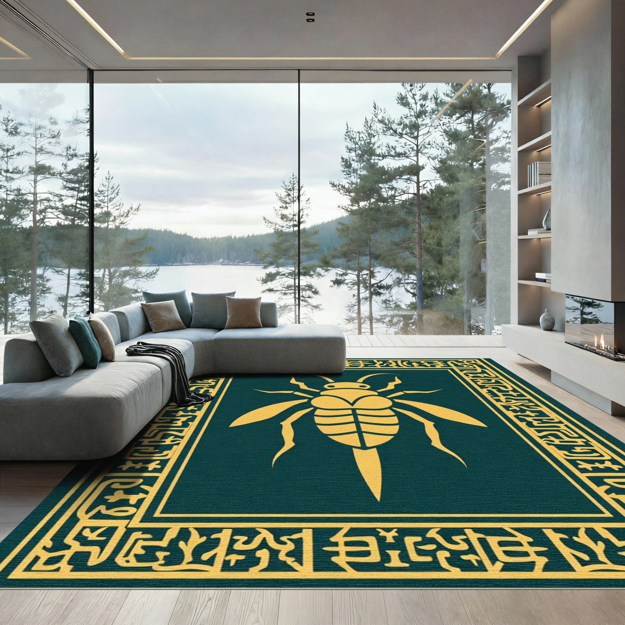 Golden Insect Teal Ornate Border Rug