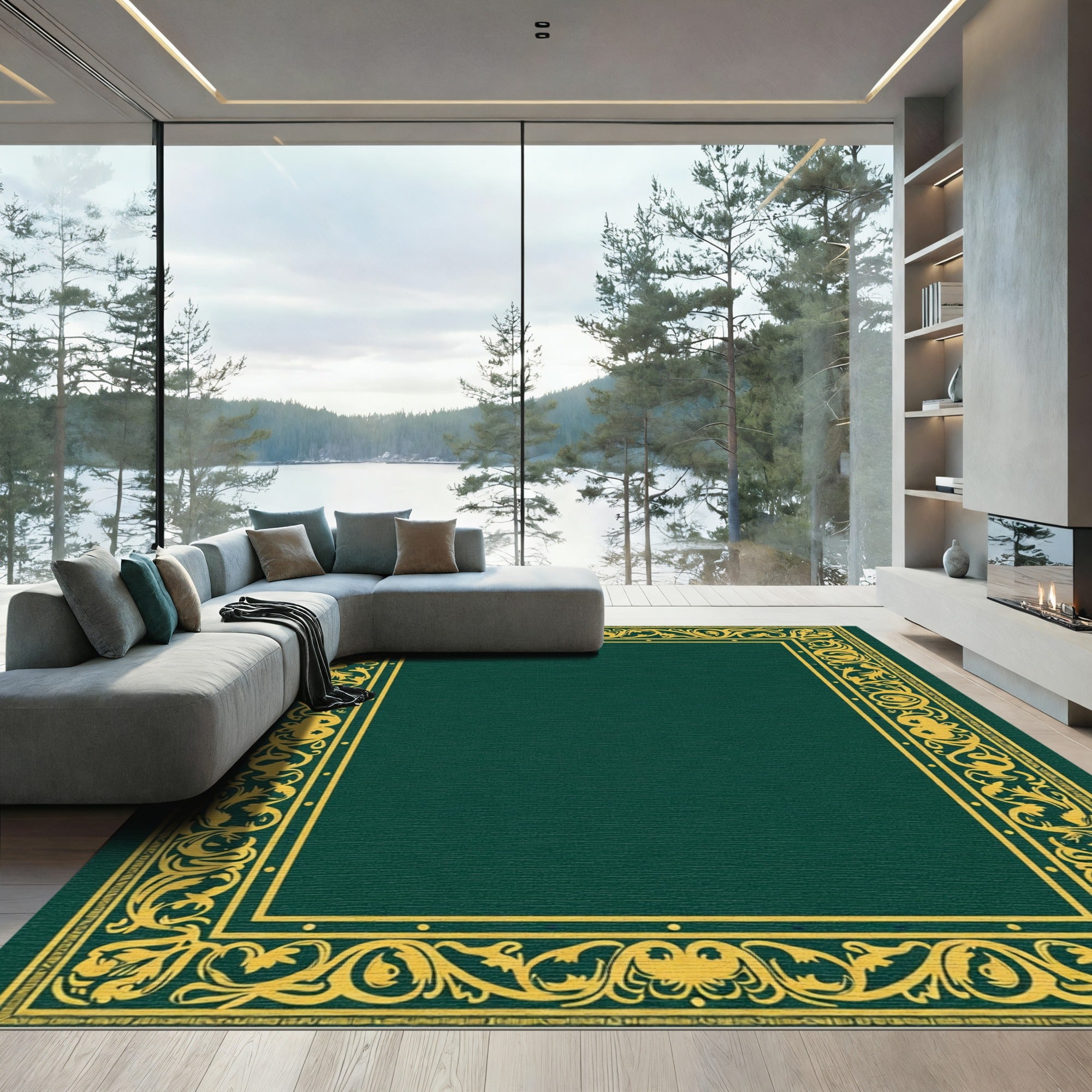 Rich Forest Green Golden Vine Border Rug
