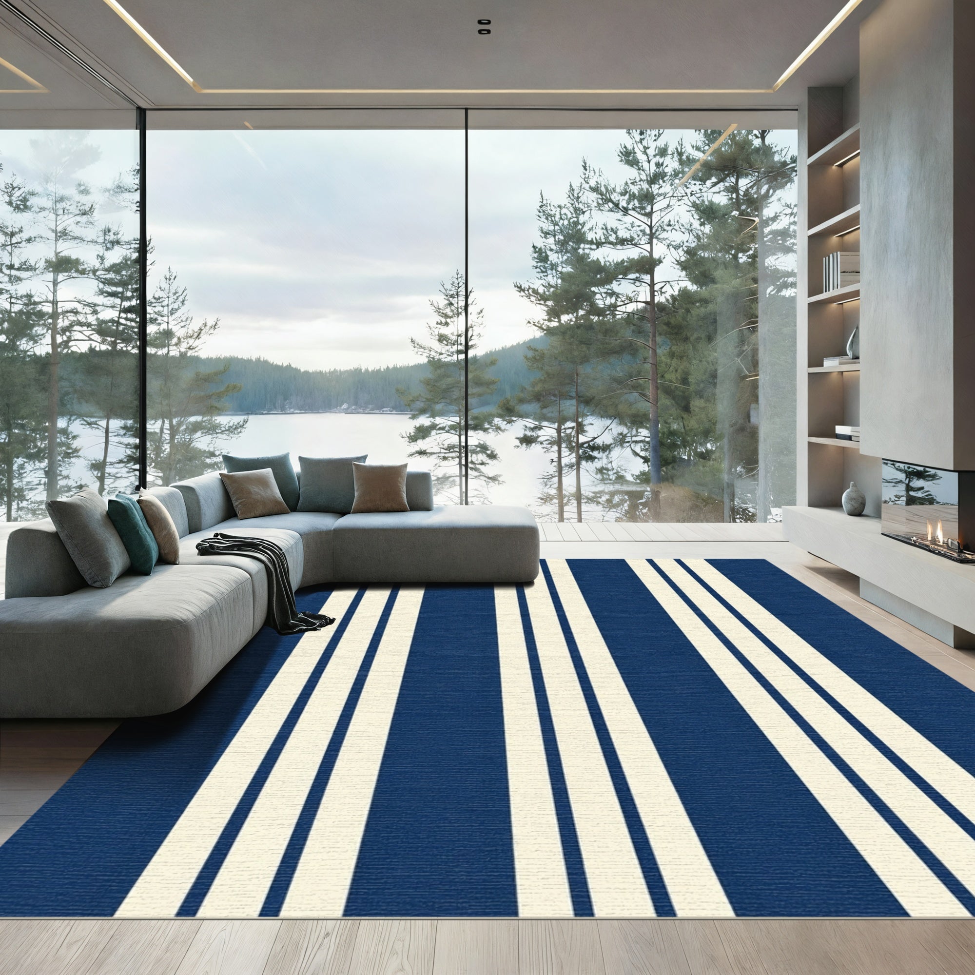 Classic Navy Cream Stripe Rug