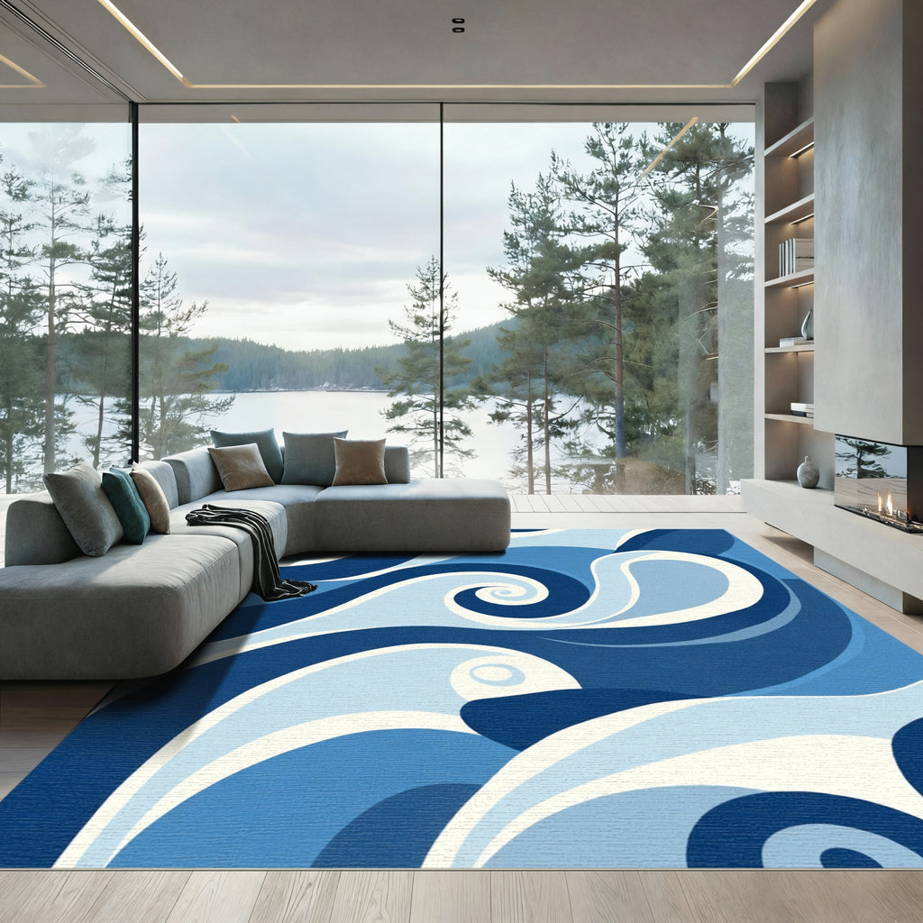 Cool Blue Swirl Abstract Wave Rug
