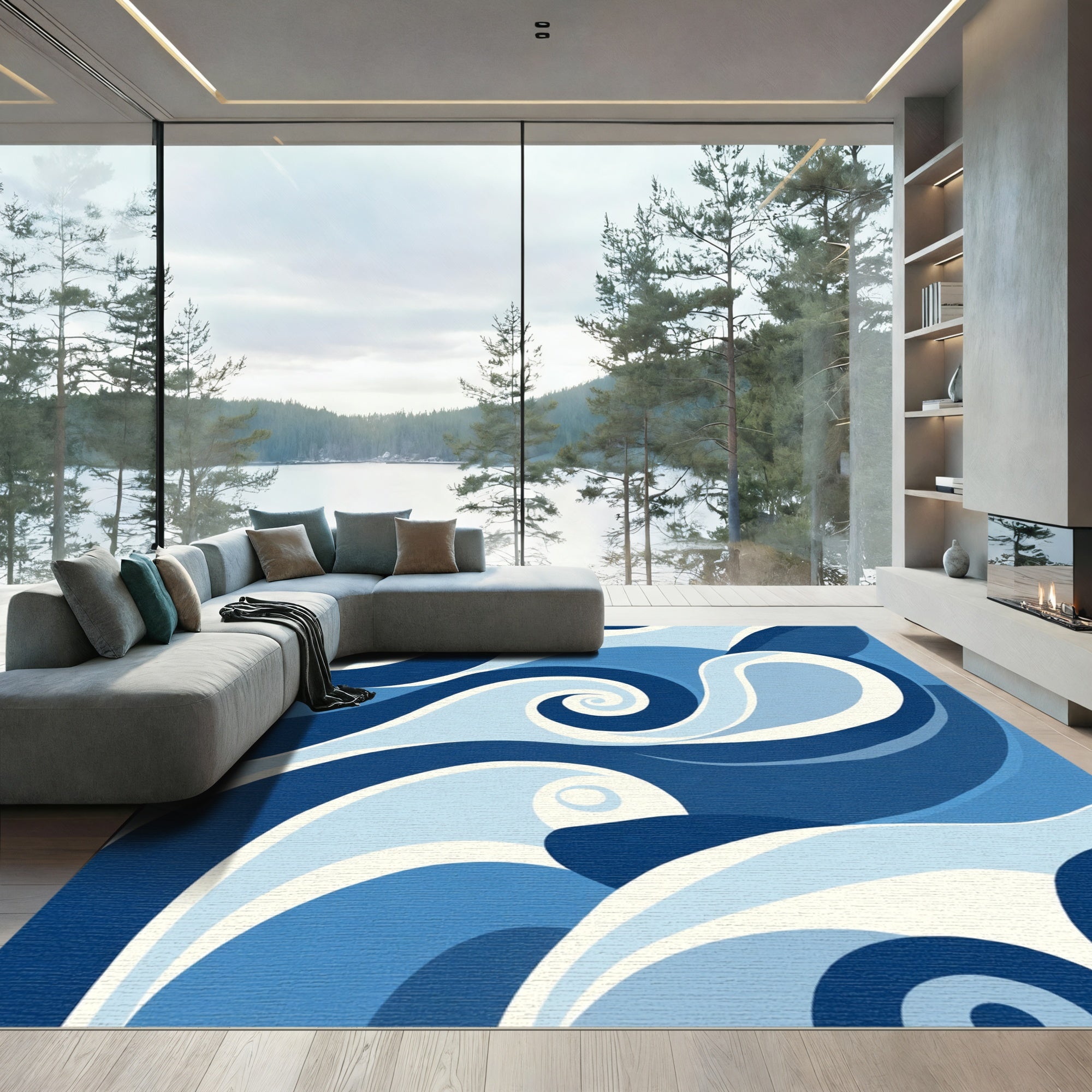 Cool Blue Swirl Abstract Wave Rug