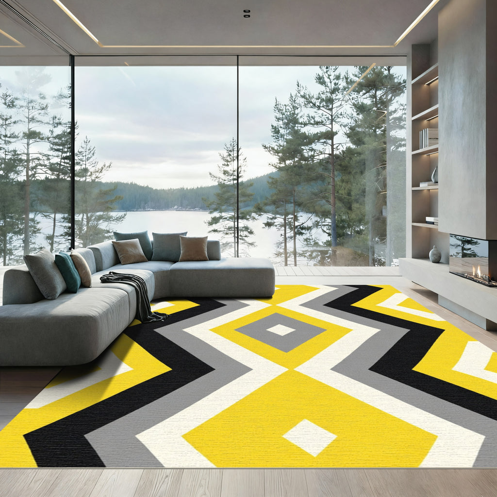 Yellow Gray Black Diamond Zigzag Rug