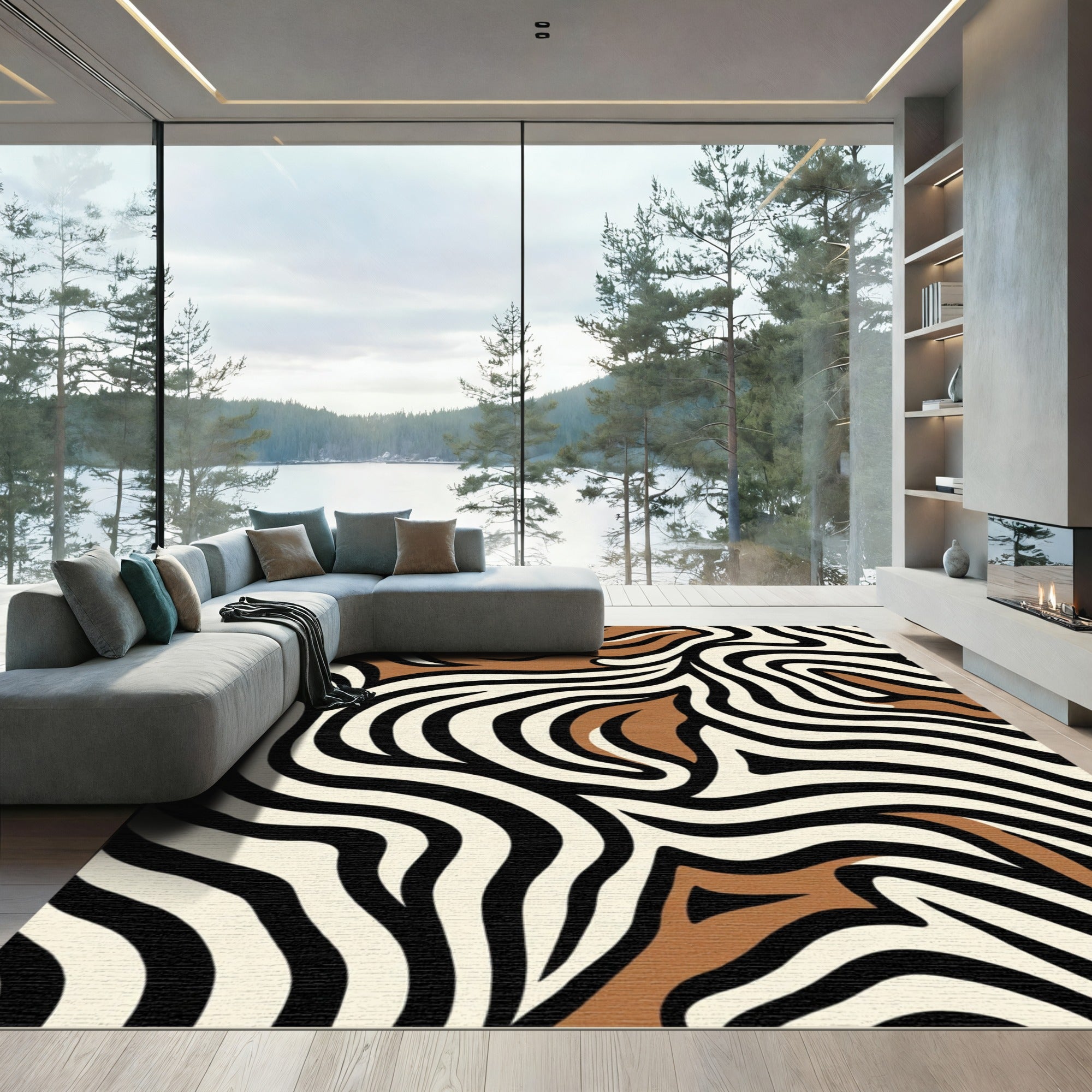 Bold Brown Black White Zebra Strips Rug