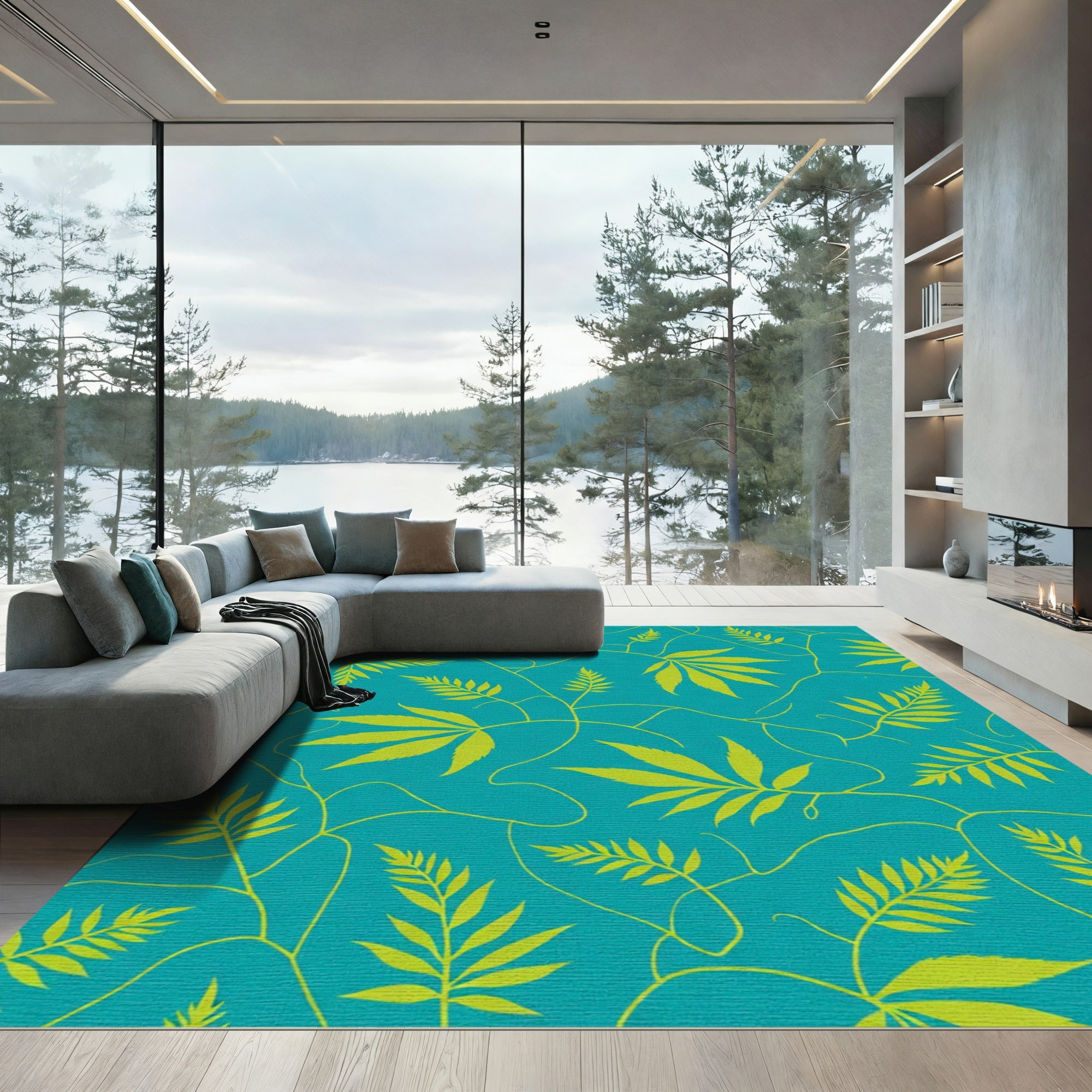Teal Leafy Vine Abstract Art Rug