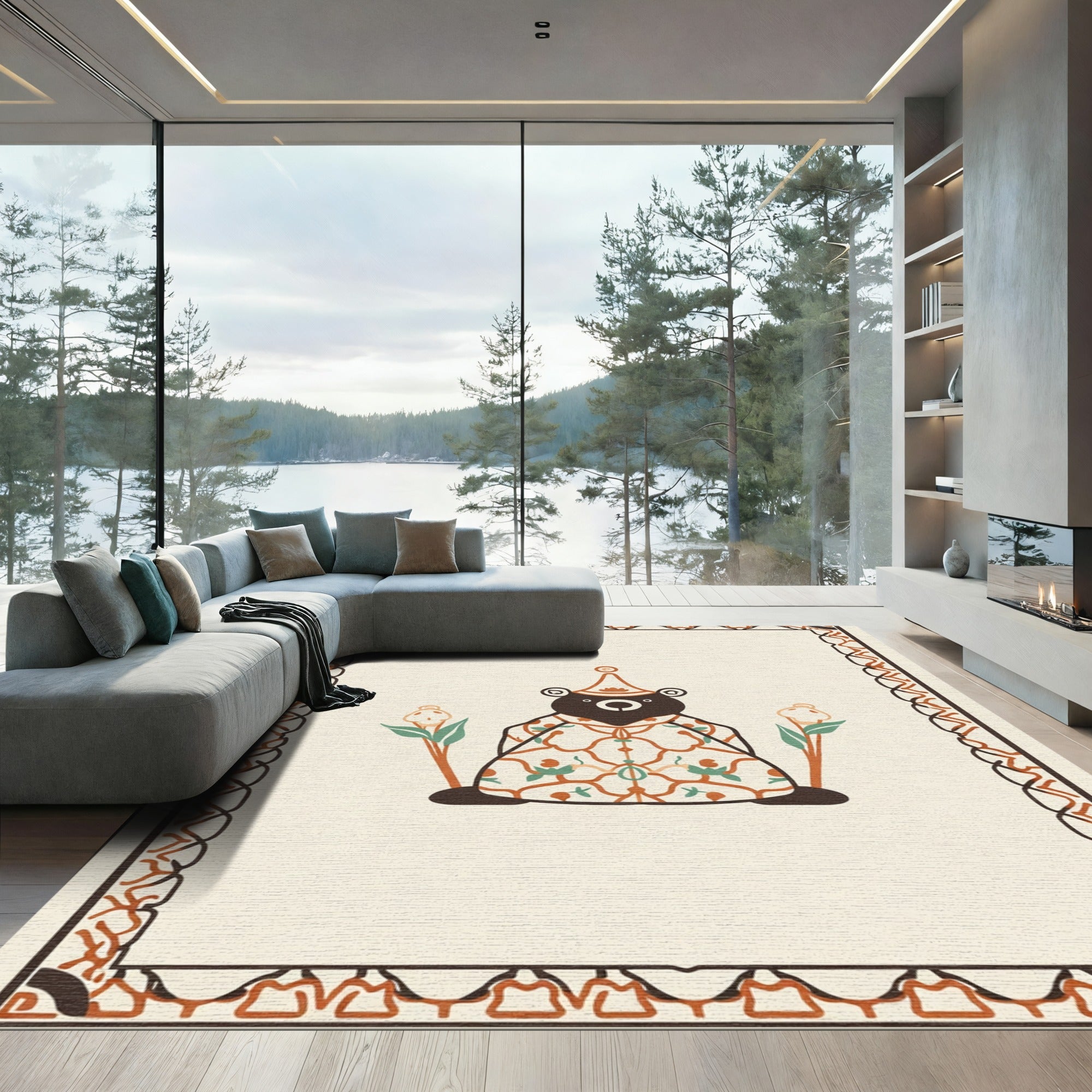Whimsical Bear Woodland Floral Border Rug