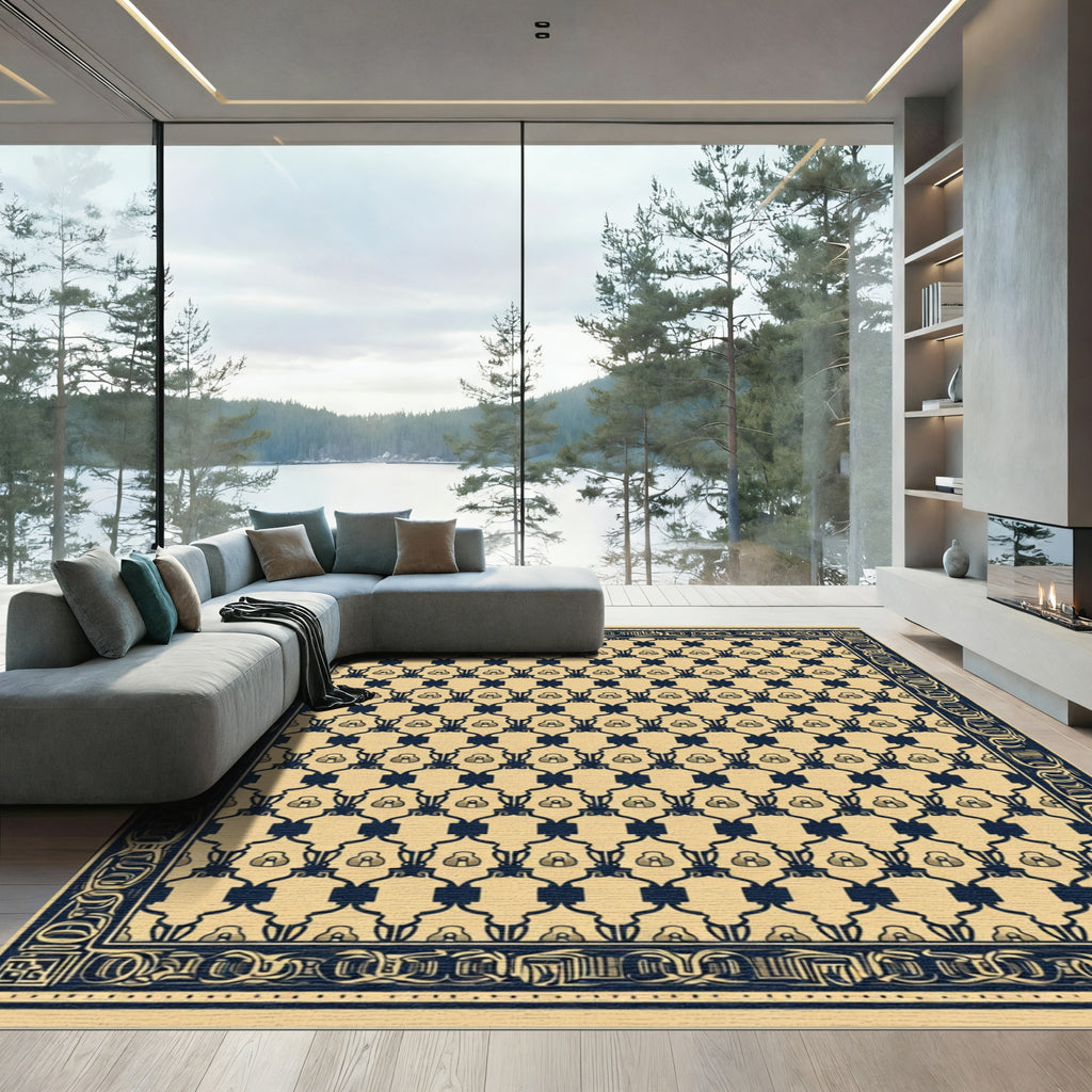 Beige Navy Geometric Chain Medallion Rug