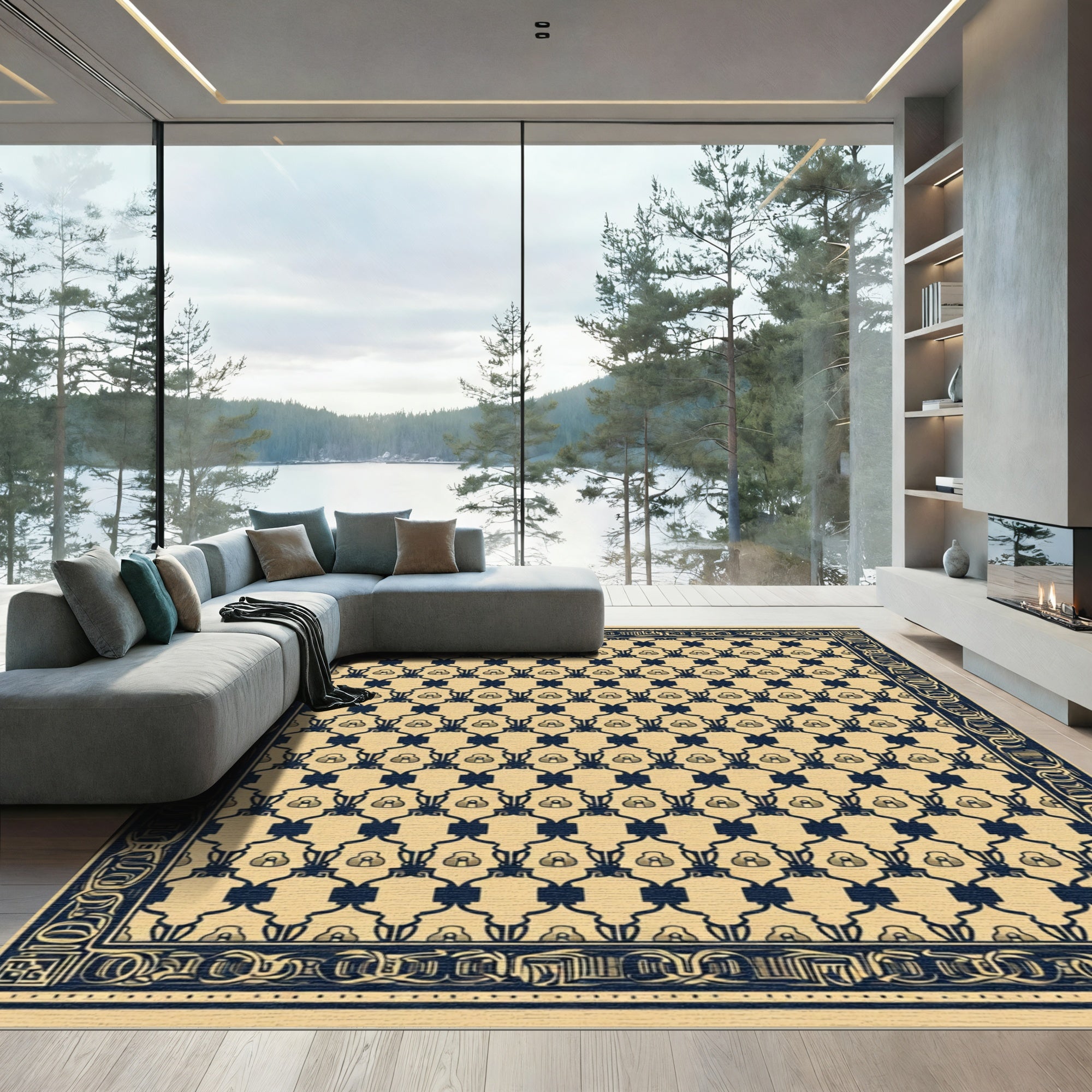 Beige Navy Geometric Chain Medallion Rug