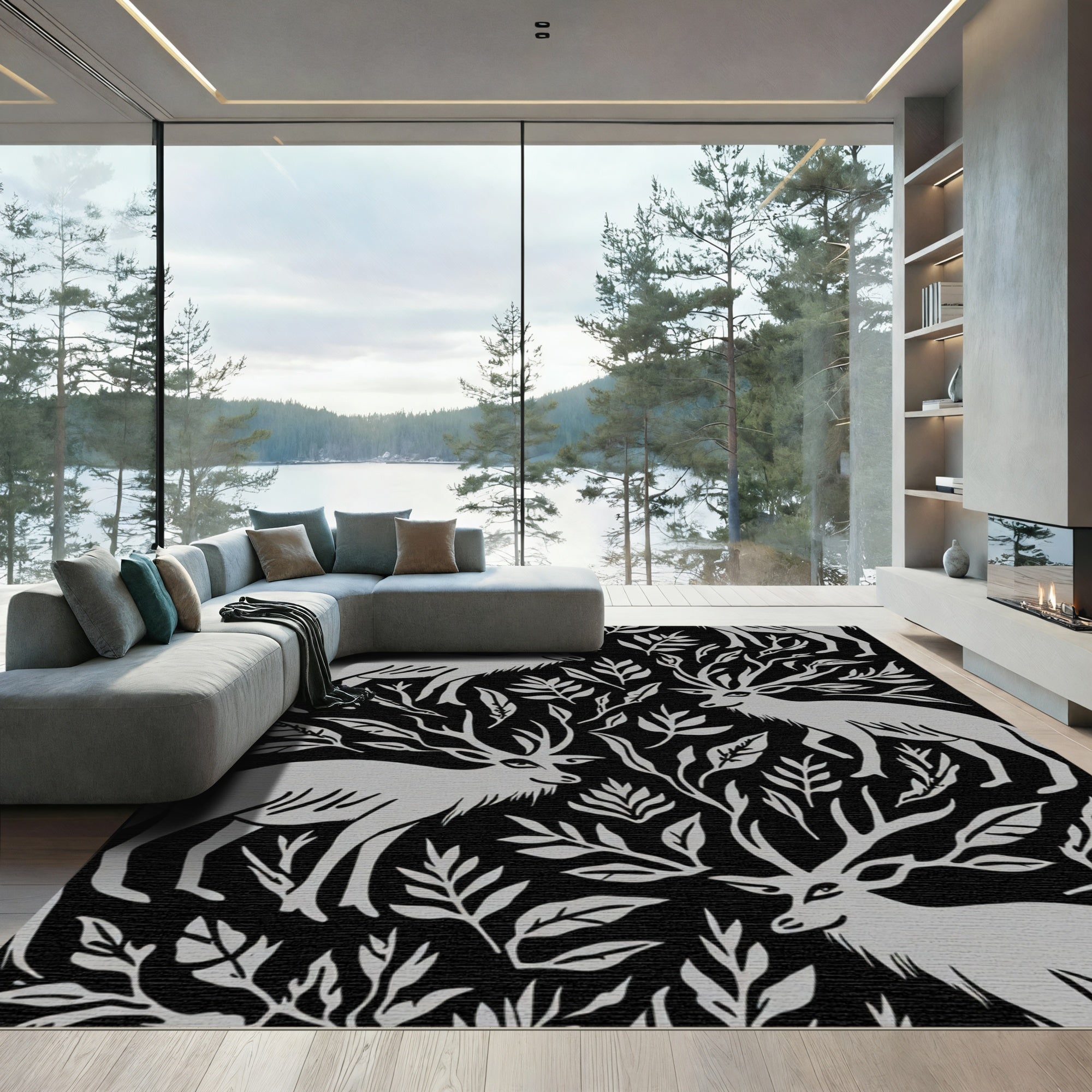 Light Gray Stag Botanical Scene Rug