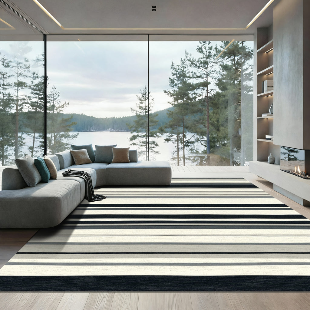 Neutral Contemporary Horizontal Stripe Rug