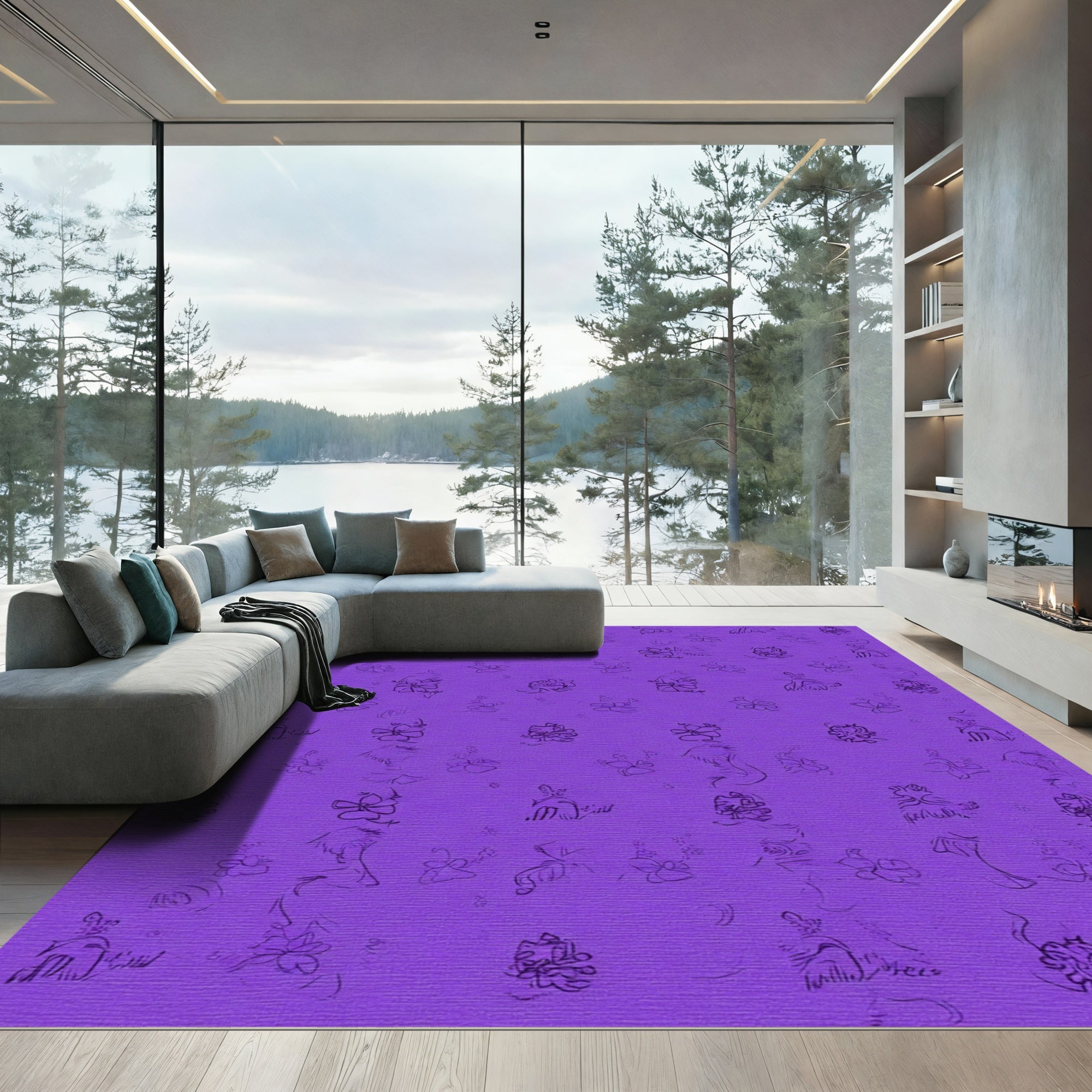 Purple Sketchy Floral Meadow Rug