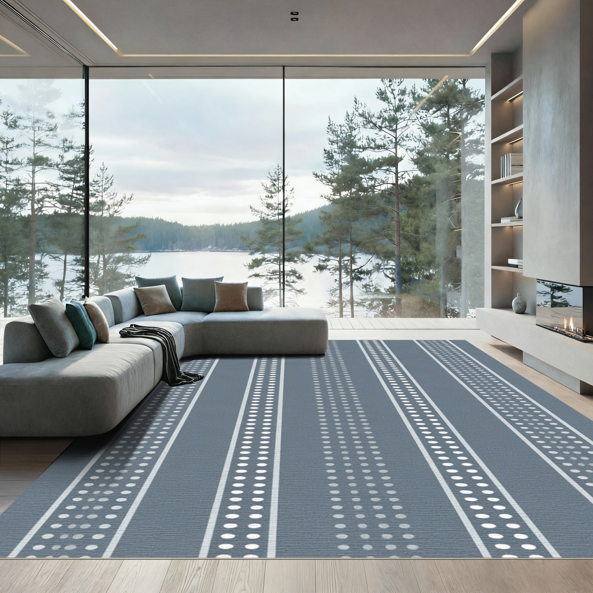 Gray White Striped Dot Rug