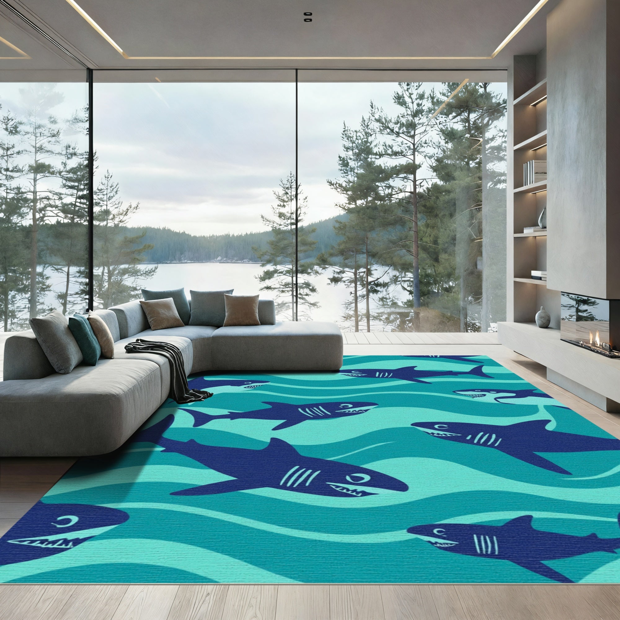 Deep Blue Shark Wave Repeat Rug