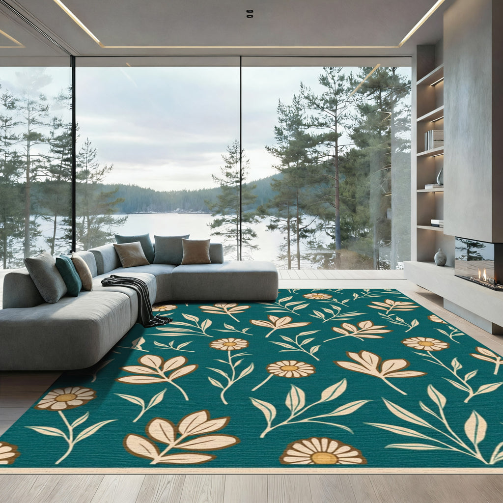 Teal Cream Floral Botanical Arrangement Rug