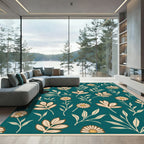 Teal Cream Floral Botanical Arrangement Rug