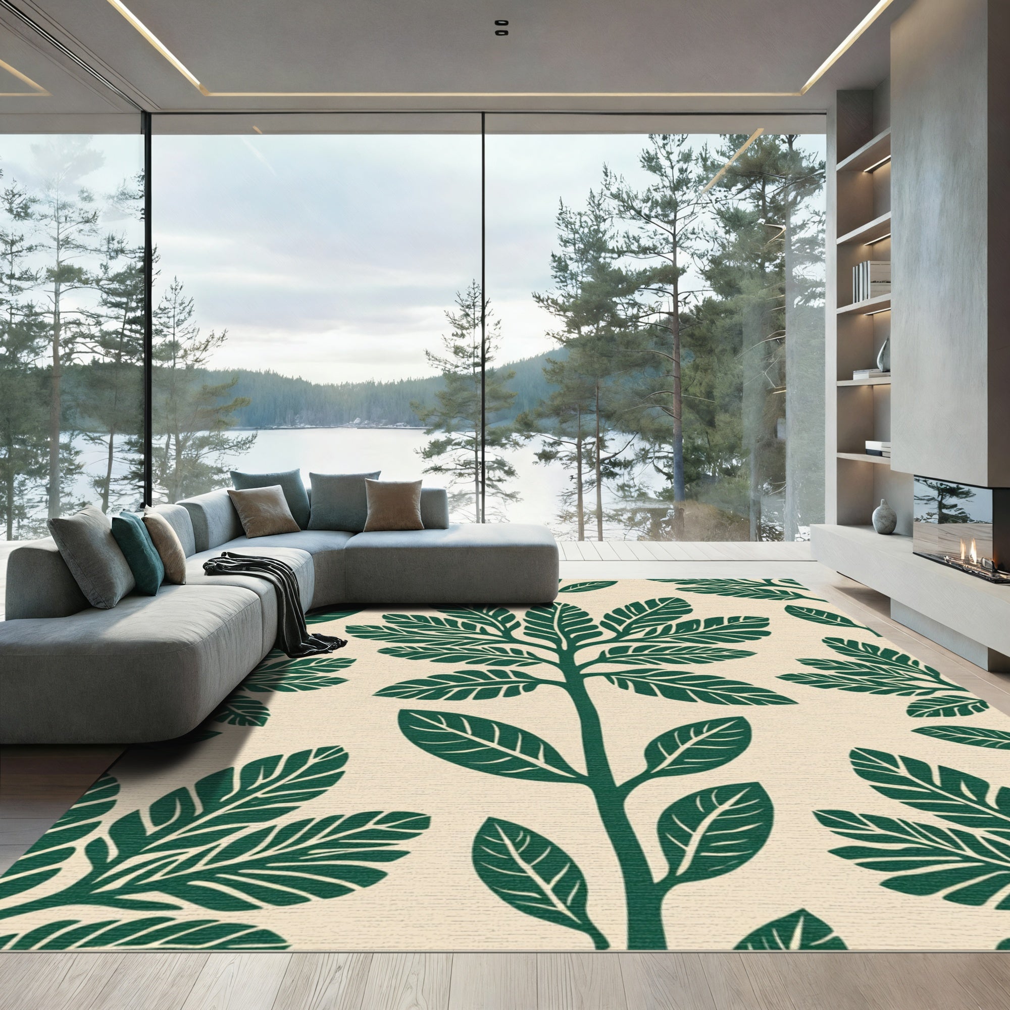 Deep Green Foliage Botanical Layout Rug